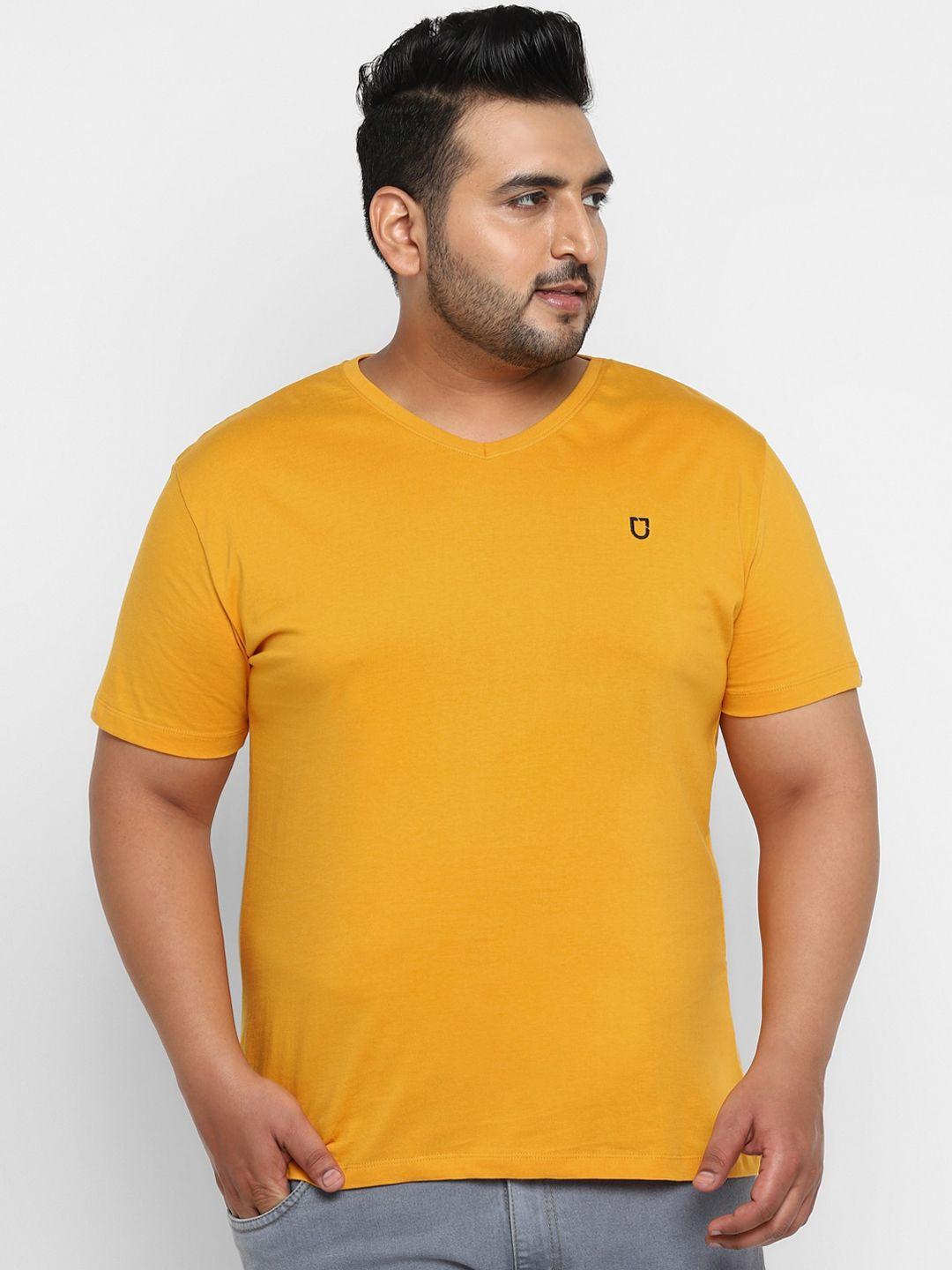 urbano plus men mustard yellow solid round neck pure cotton t-shirt