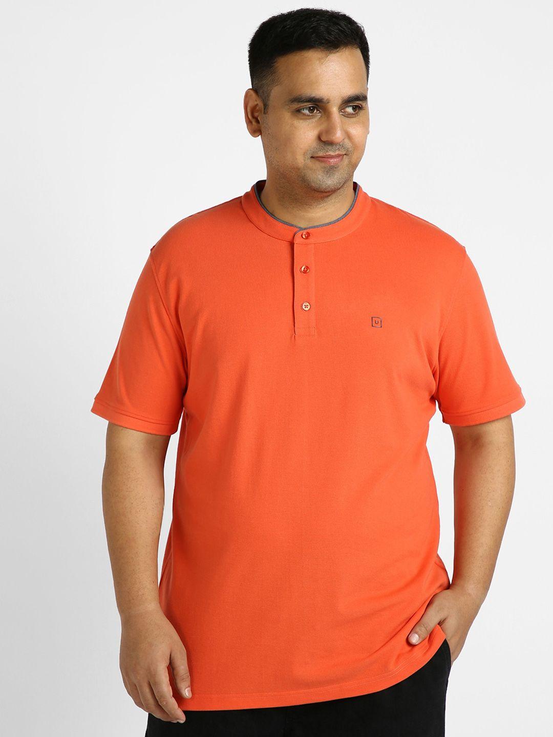 urbano plus men orange henley neck applique t-shirt