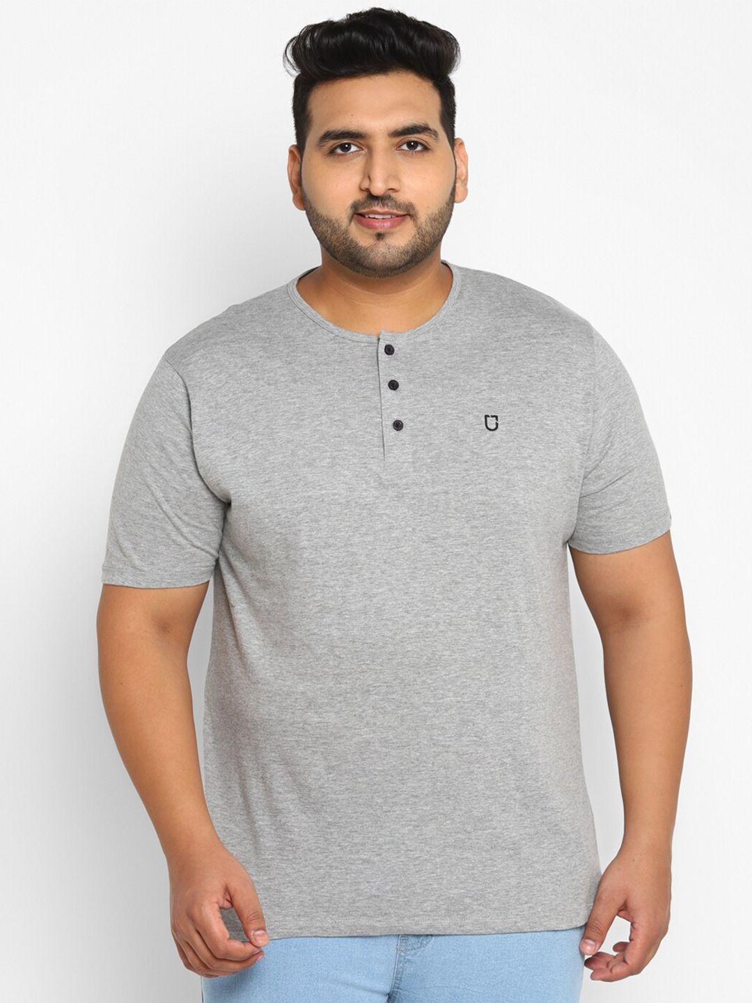 urbano plus men plus size grey melange henley neck pure cotton t-shirt