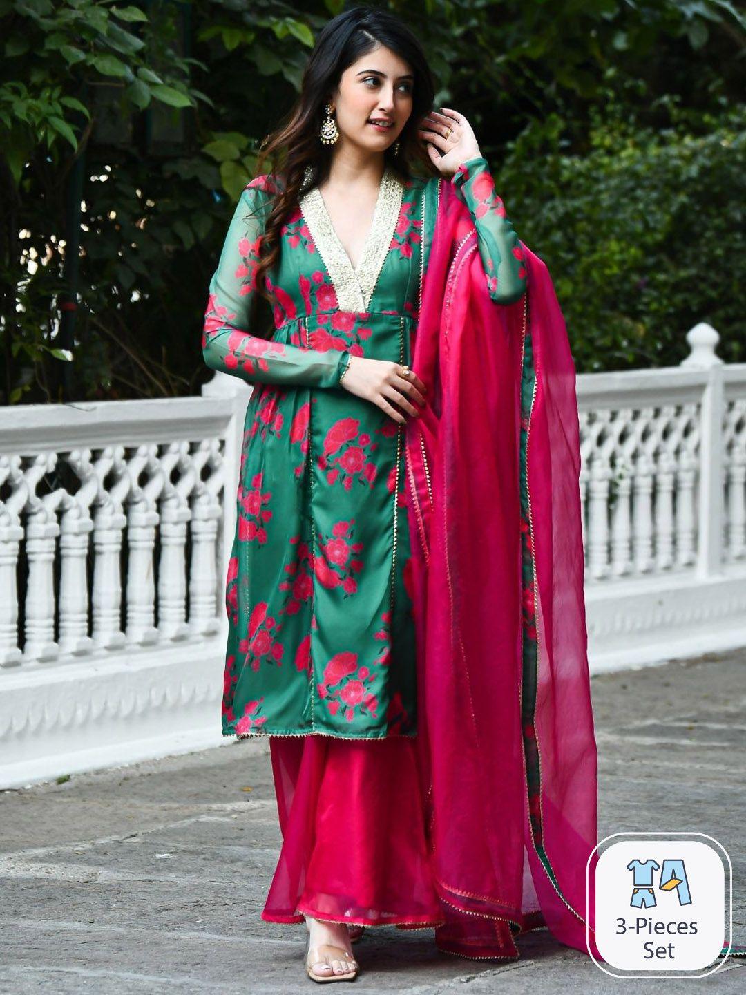 urbanstree women green floral printed regular beads and stones kurta with palazzos & with dupatta