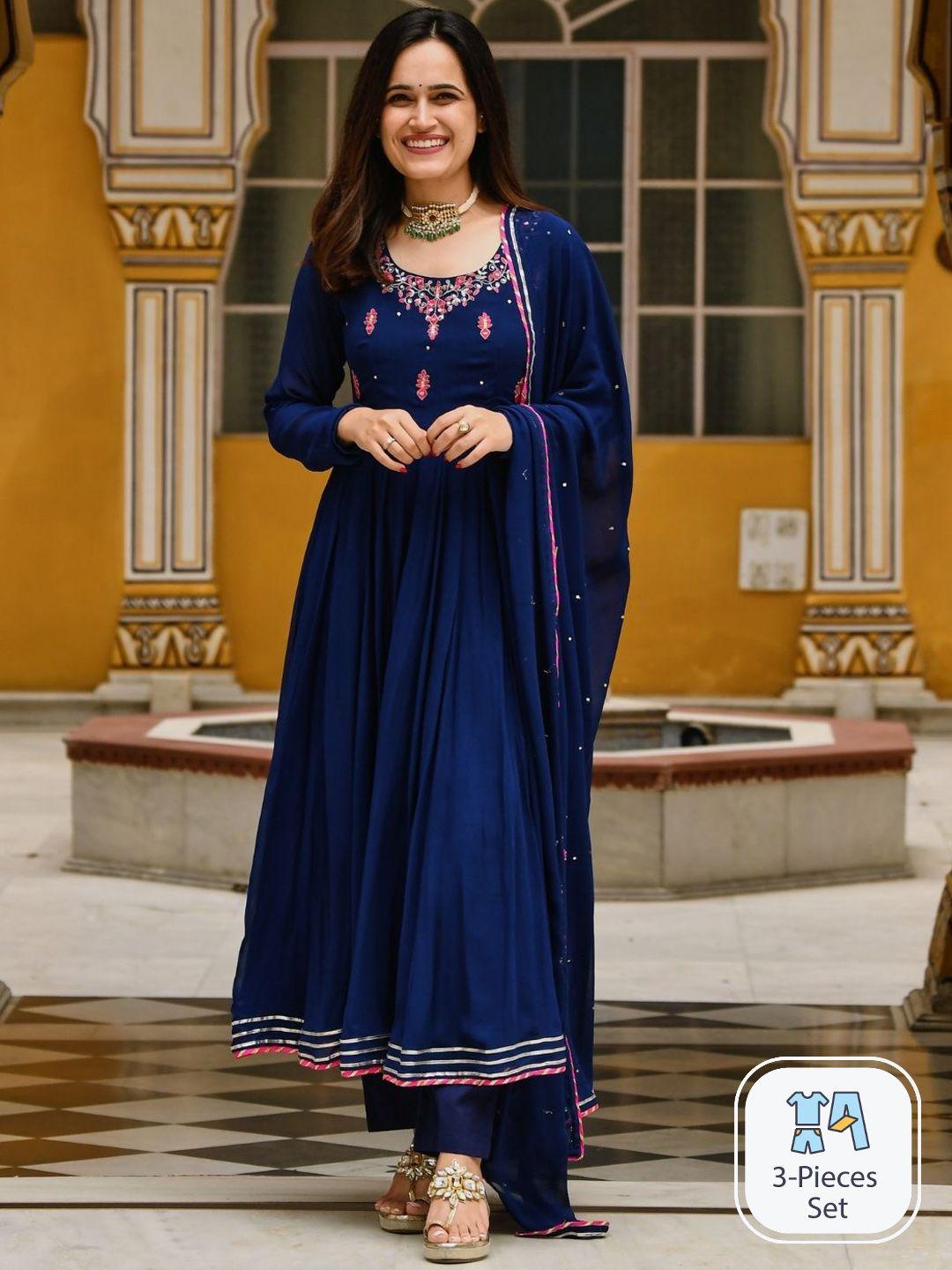 urbanstree embroidered round neck anarkali pleatedthread work kurta set with dupatta