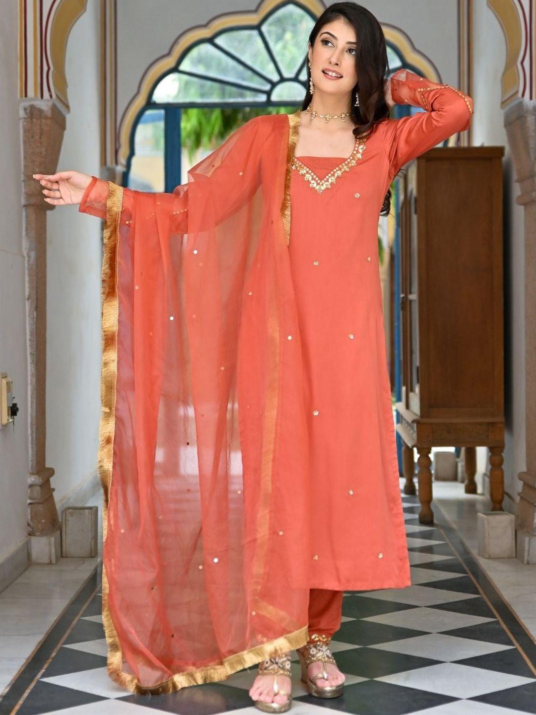 urbanstree ethnic motifs embroidered beads and stones kurta & trousers with dupatta
