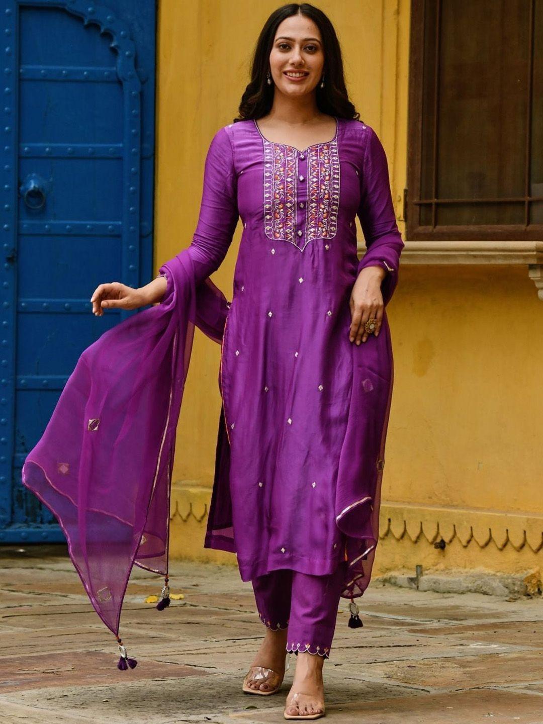 urbanstree floral embroidered pure silk kurta & trousers with dupatta