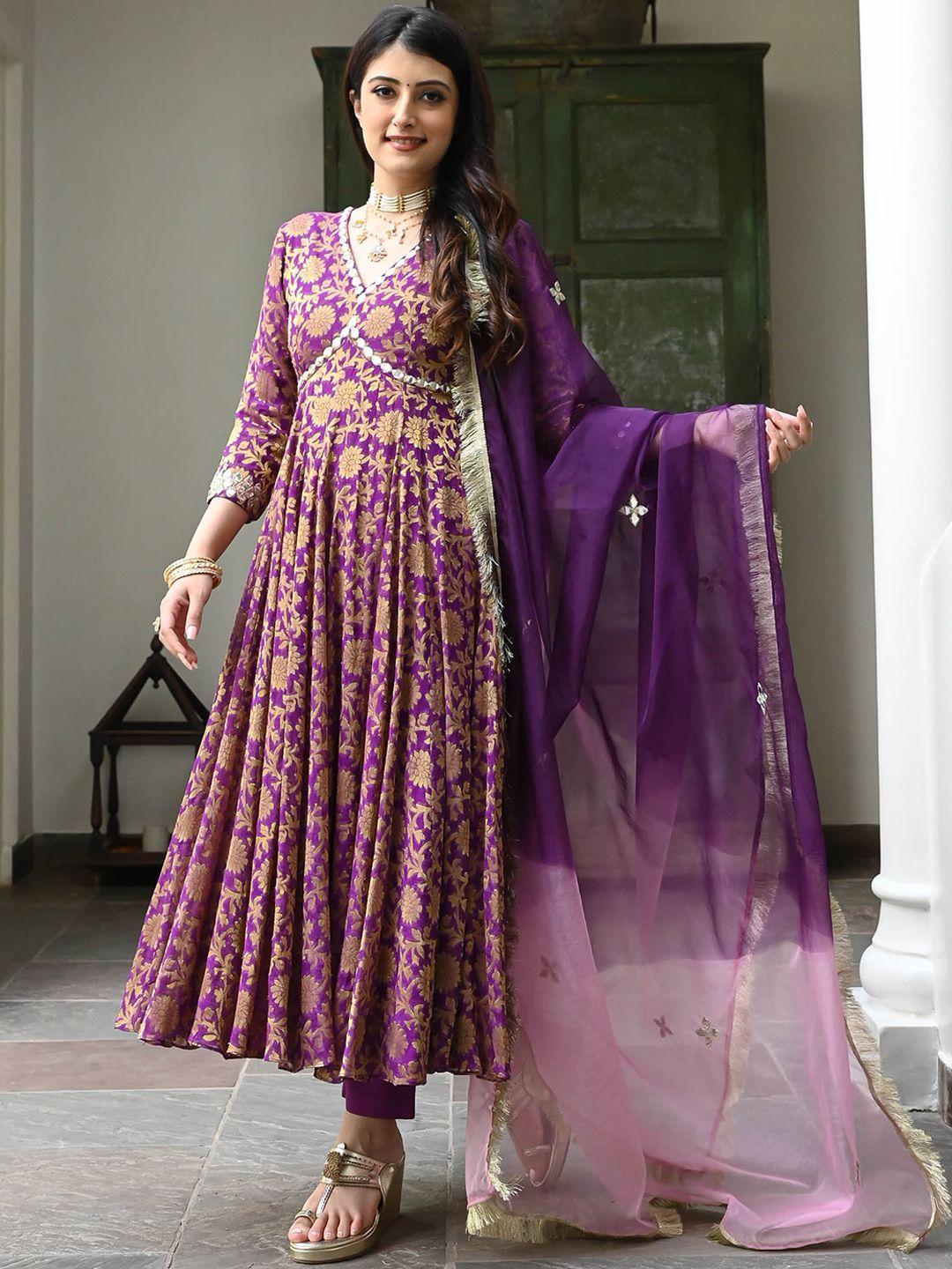 urbanstree floral printed v-neck regular mirror work kurta with trousers & with dupatta