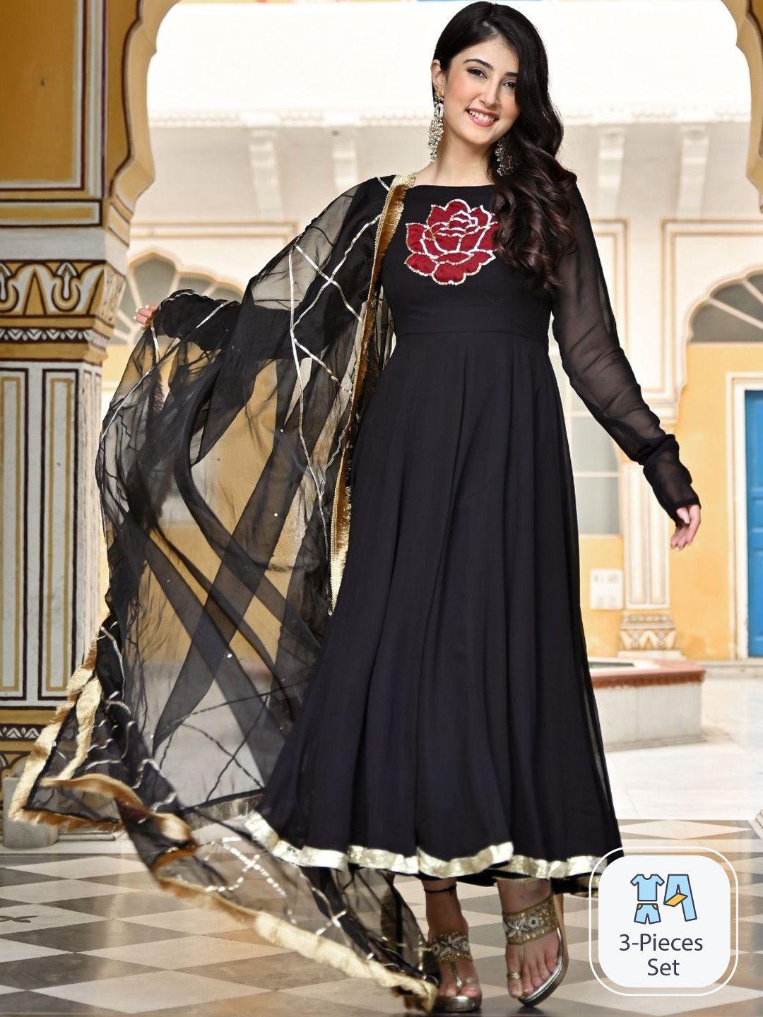 urbanstree women black floral embroidered regular sequinned kurta with trousers & with dupatta