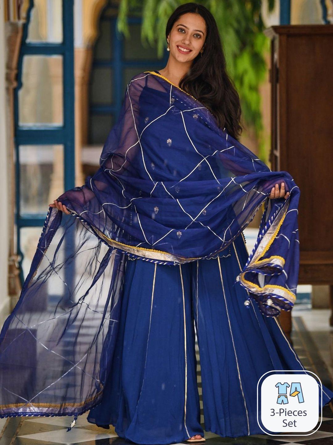 urbanstree women blue ethnic motifs embroidered regular gotta patti kurta with trousers & with dupatta
