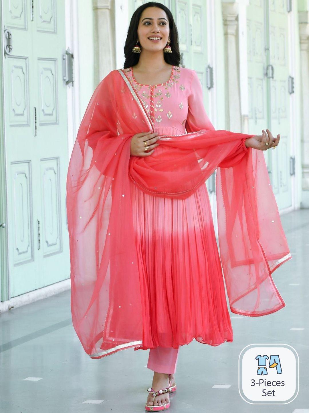 urbanstree women pink ombre yoke design regular beads and stones kurta with trousers & with dupatta