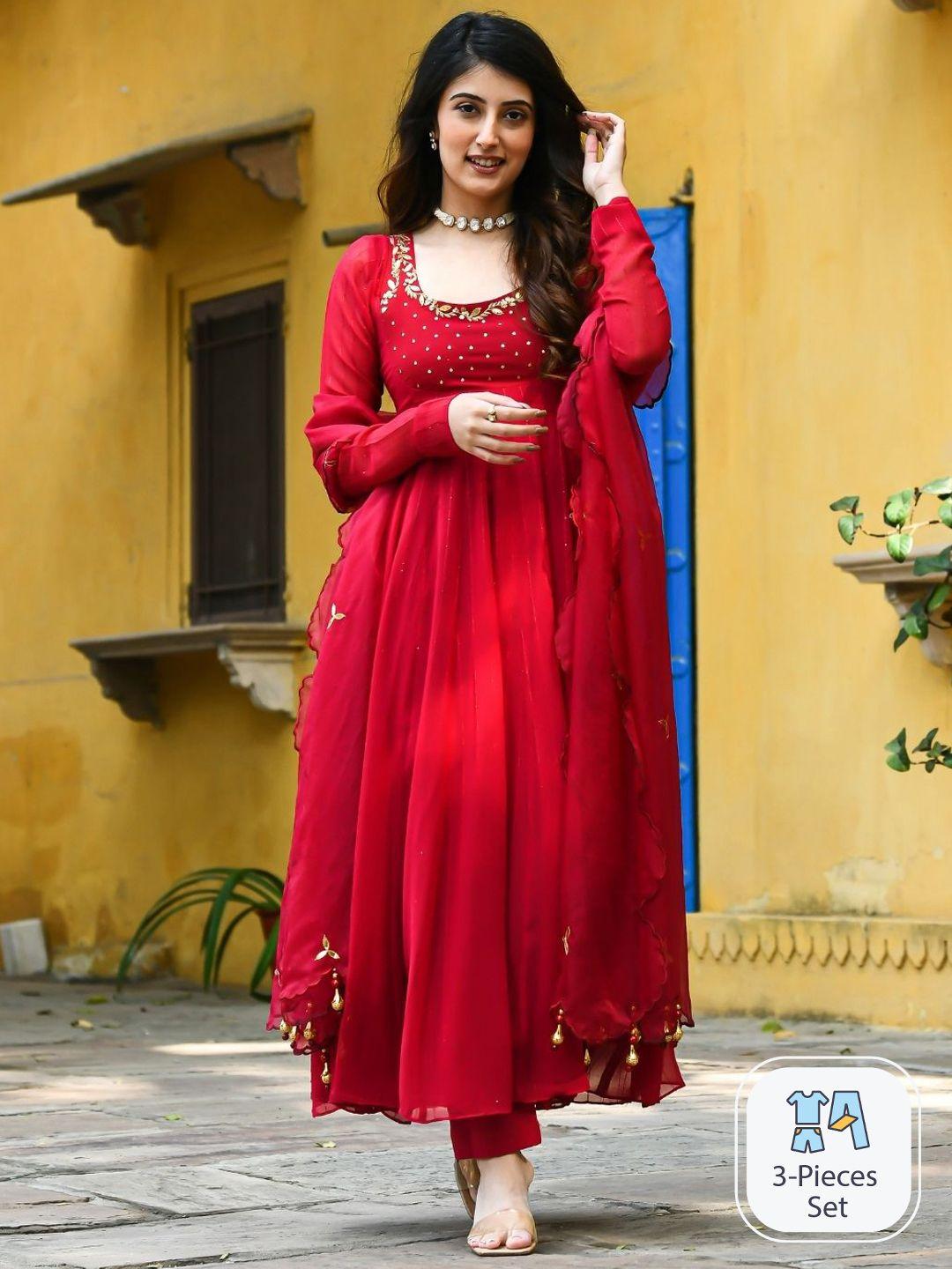 urbanstree women red ethnic motifs embroidered regular beads and stones kurta with trousers & with dupatta