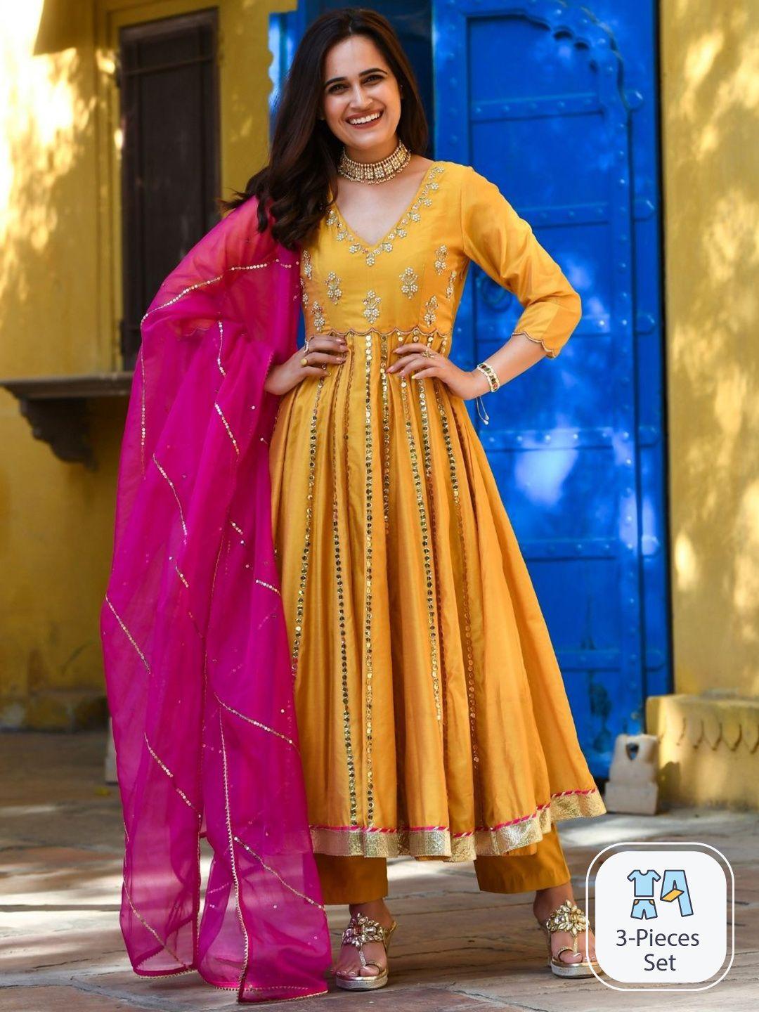 urbanstree women yellow ethnic motifs embroidered empire mirror work chanderi silk kurta with trousers &