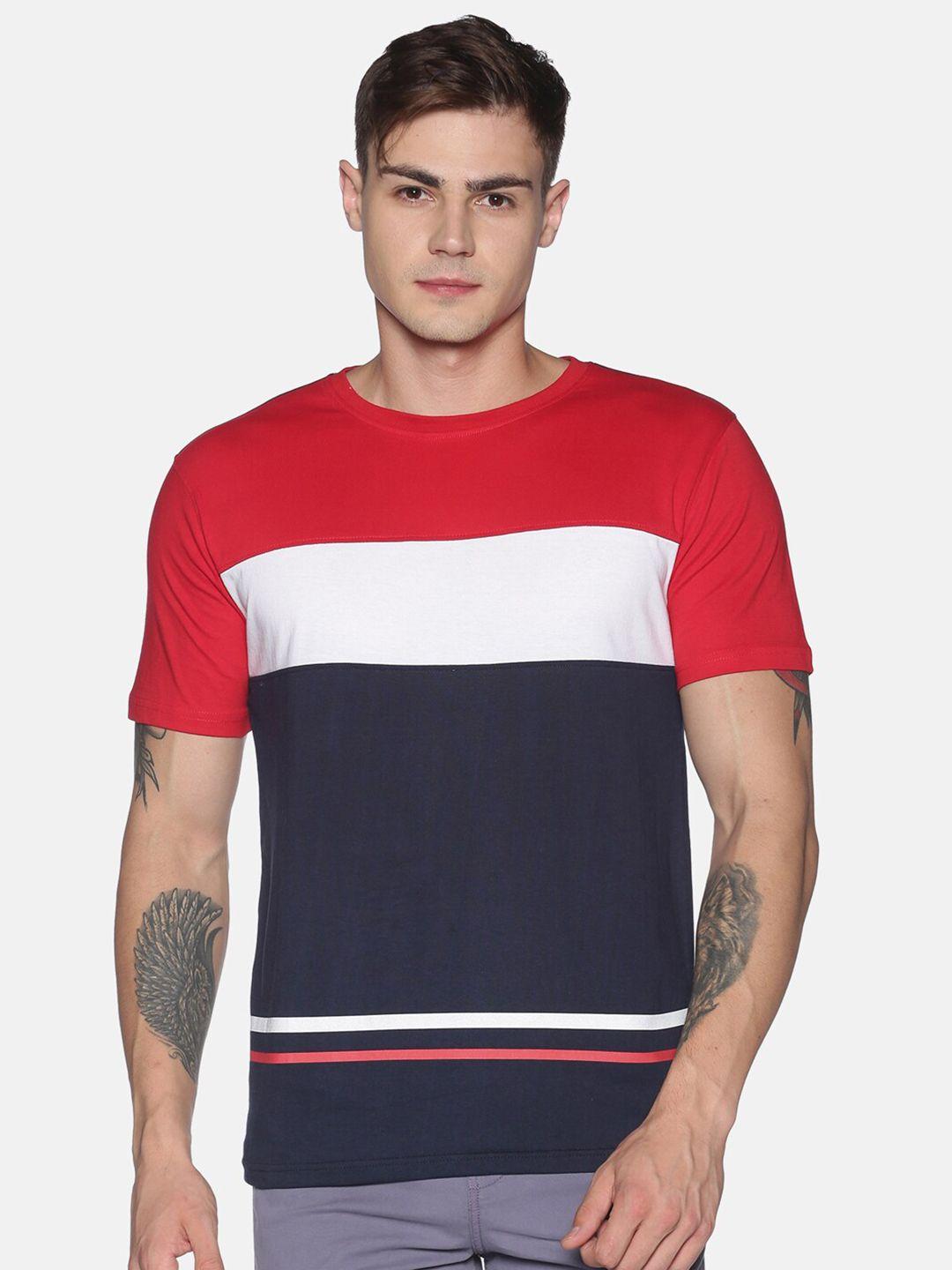 urgear men navy blue & red colourblocked round neck t-shirt