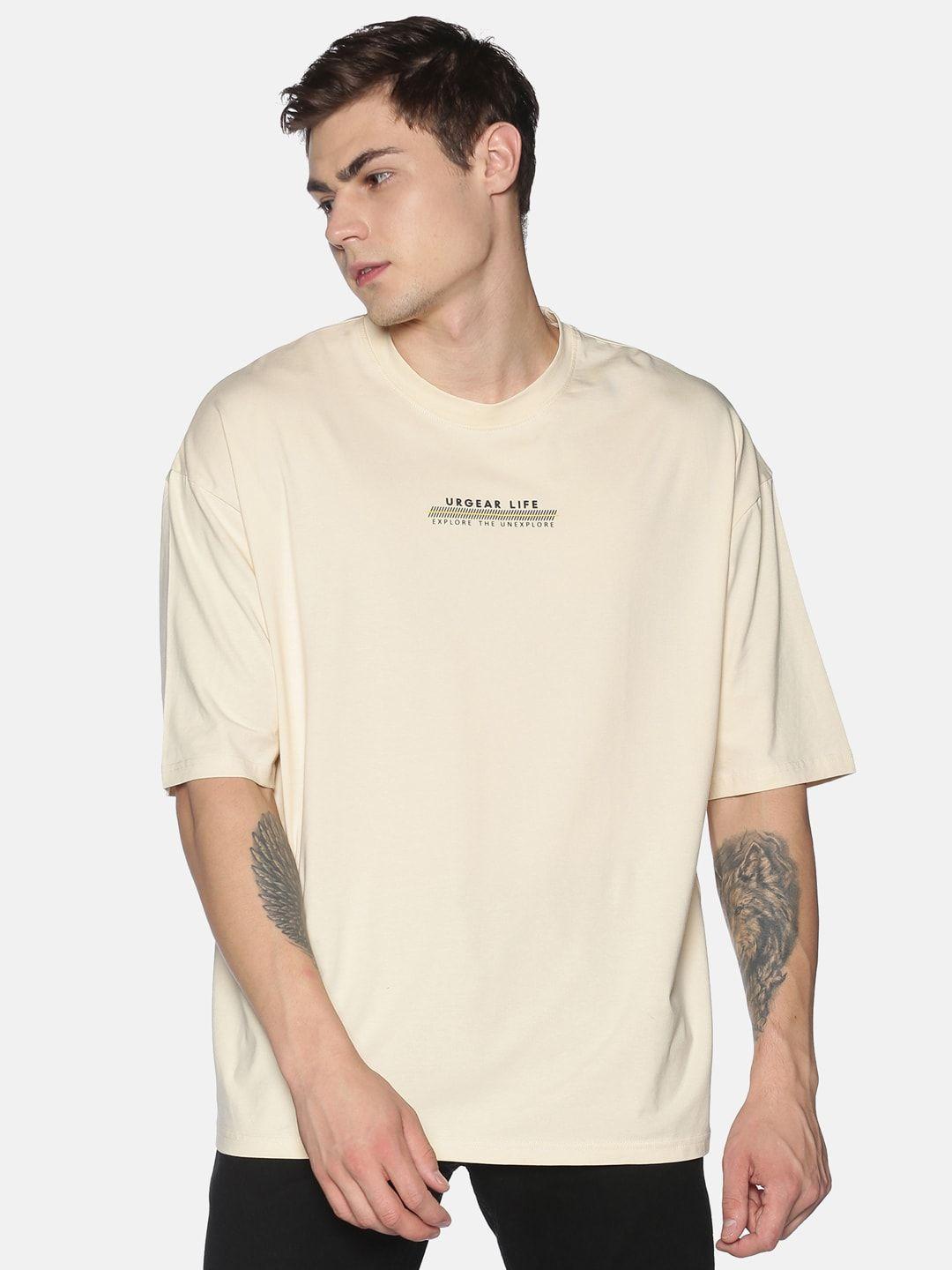 urgear men off-white solid round neck pure cotton oversized pure cotton t-shirt