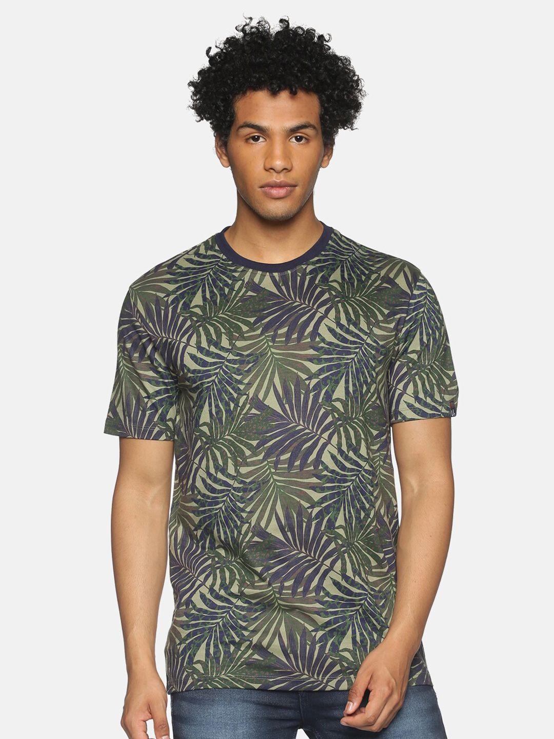 urgear men olive green & blue floral printed tropical pockets t-shirt