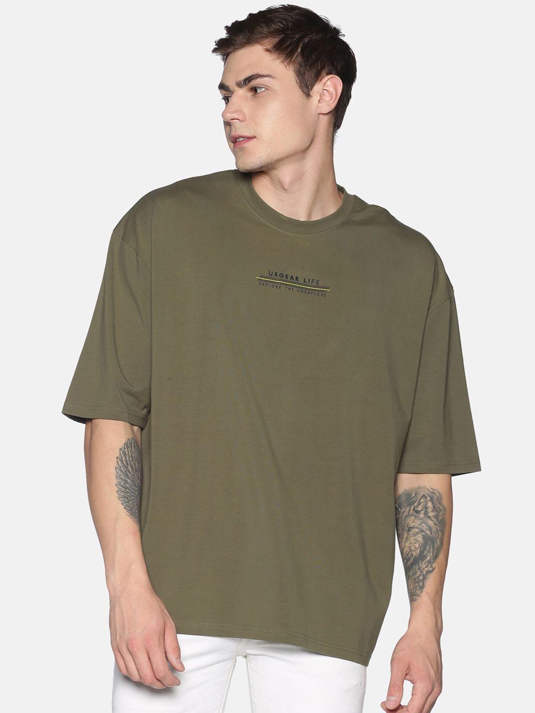 urgear men olive green solid round neck pure cotton oversized pure cotton t-shirt