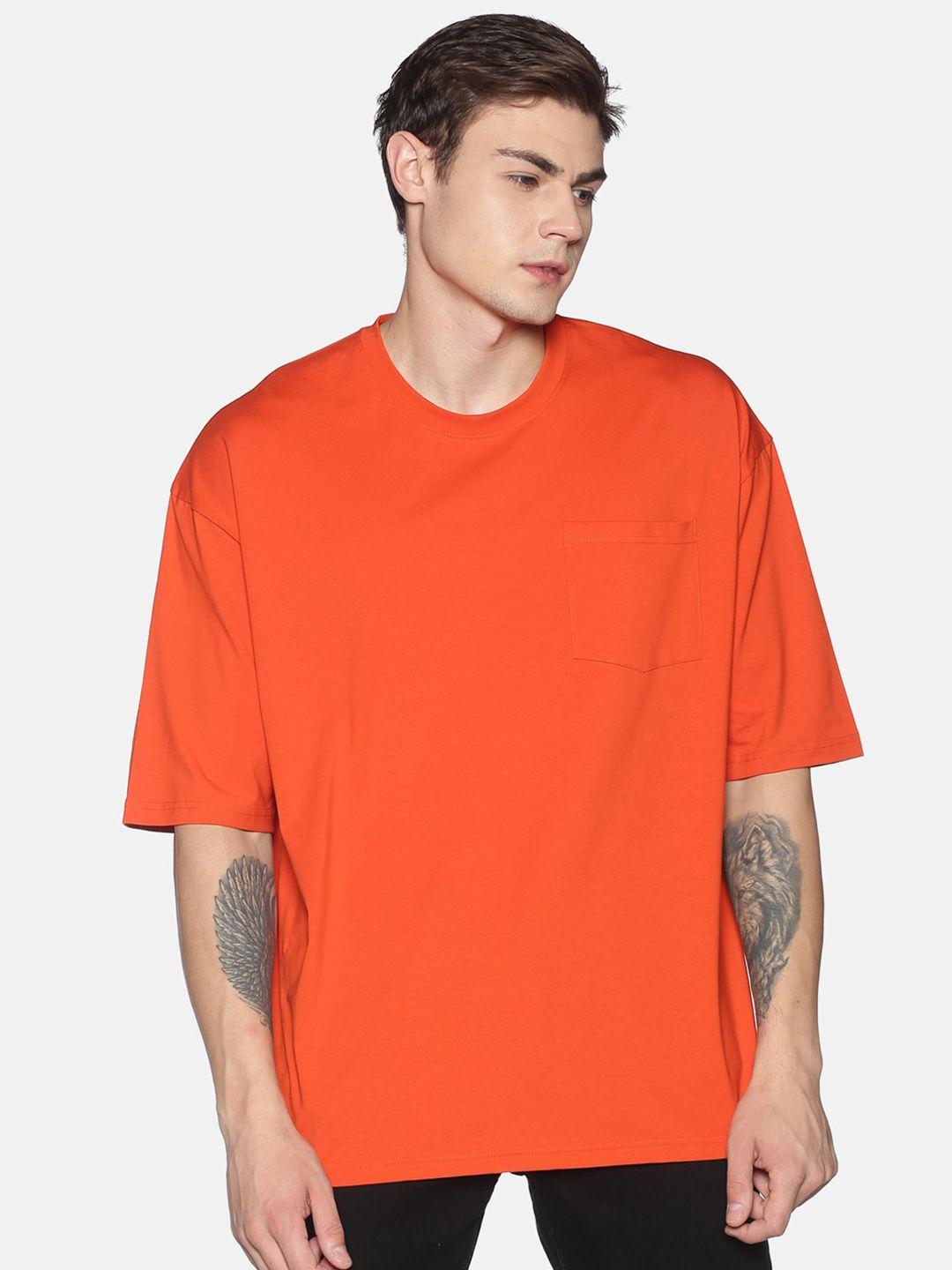 urgear men orange solid round neck pure cotton oversized pure cotton t-shirt