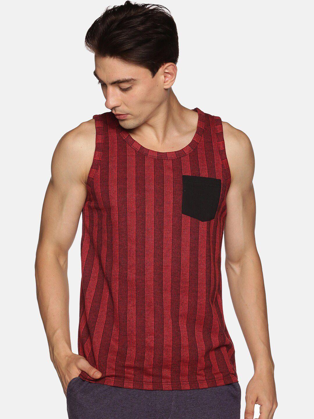urgear men red & maroon striped pockets training or gym t-shirt