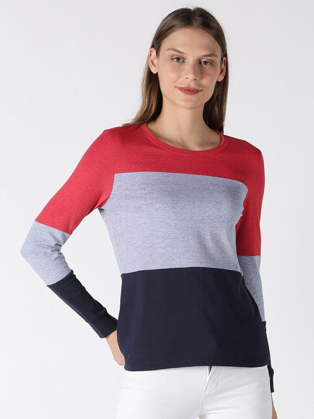 urgear women grey & red colourblocked cotton t-shirt