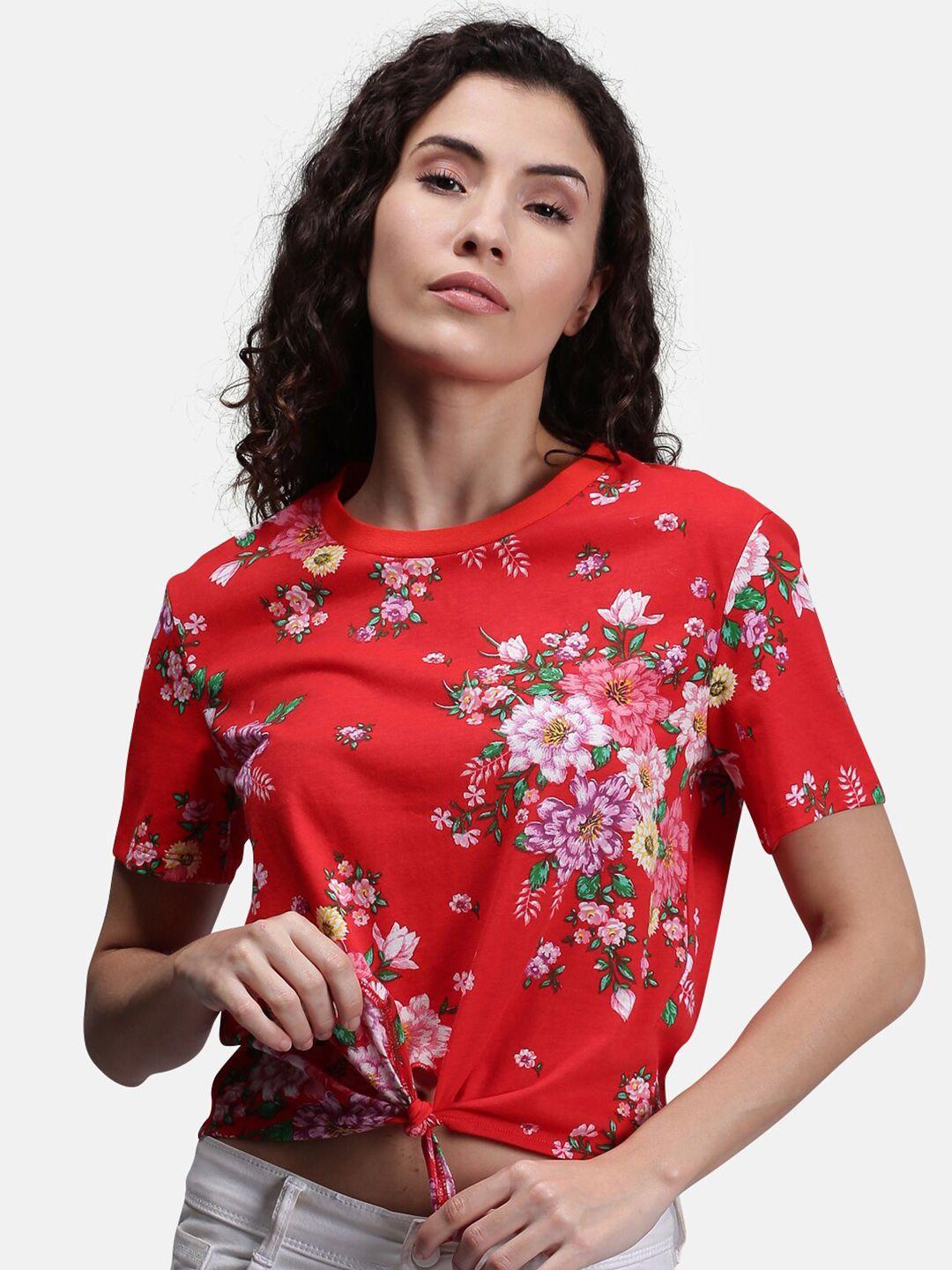 urgear women red floral printed v-neck extended sleeves applique t-shirt