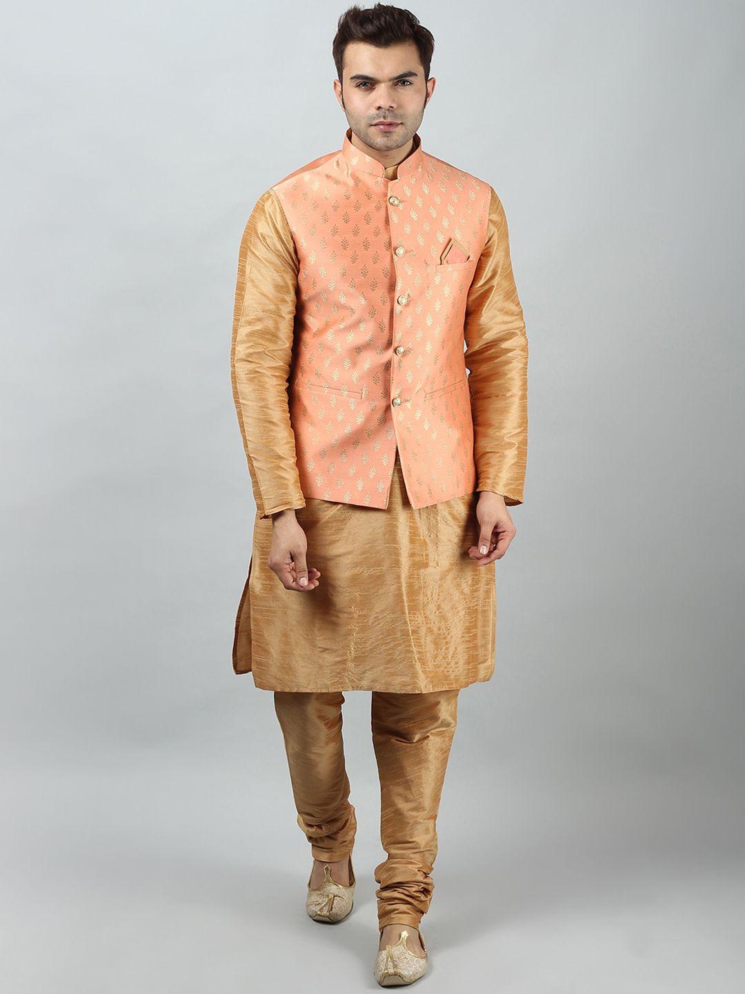uri and mackenzie men khaki dupion silk kurta with churidar & nehru jacket