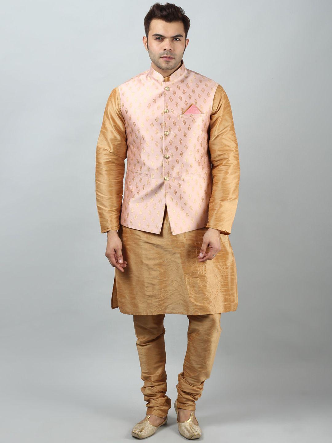 uri and mackenzie men khaki dupion silk kurta with pyjamas & nehru jacket