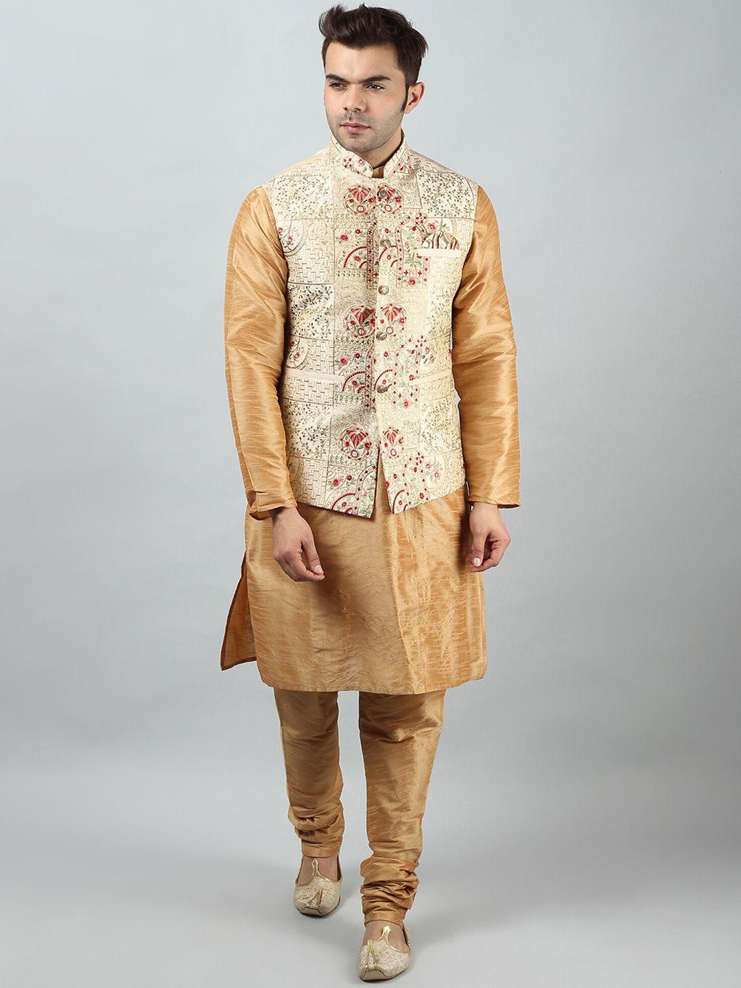 uri and mackenzie men khaki embroidered kurta with churidar