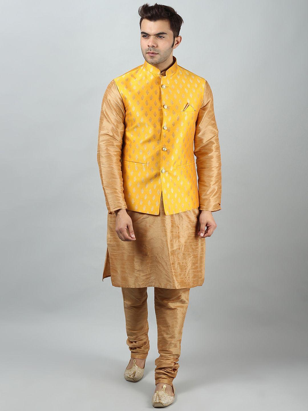 uri and mackenzie men khaki ethnic motifs dupion silk kurta with churidar & nehru jacket