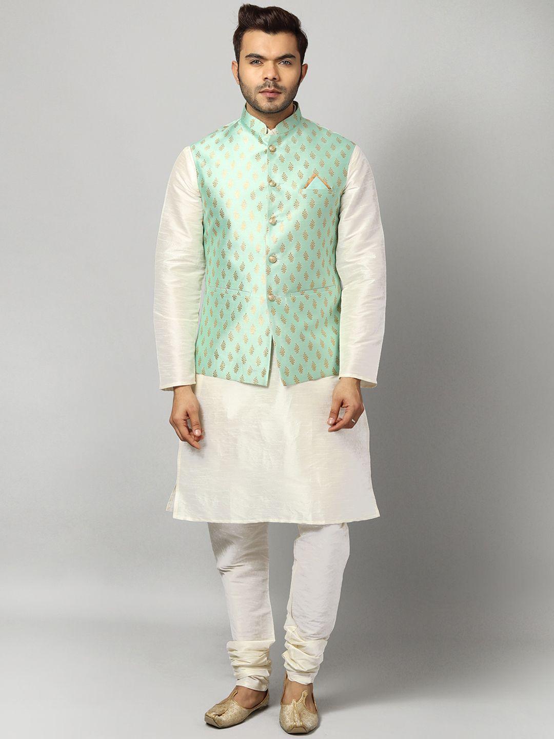 uri and mackenzie men off white dupion silk kurta with churidar & nehru jacket