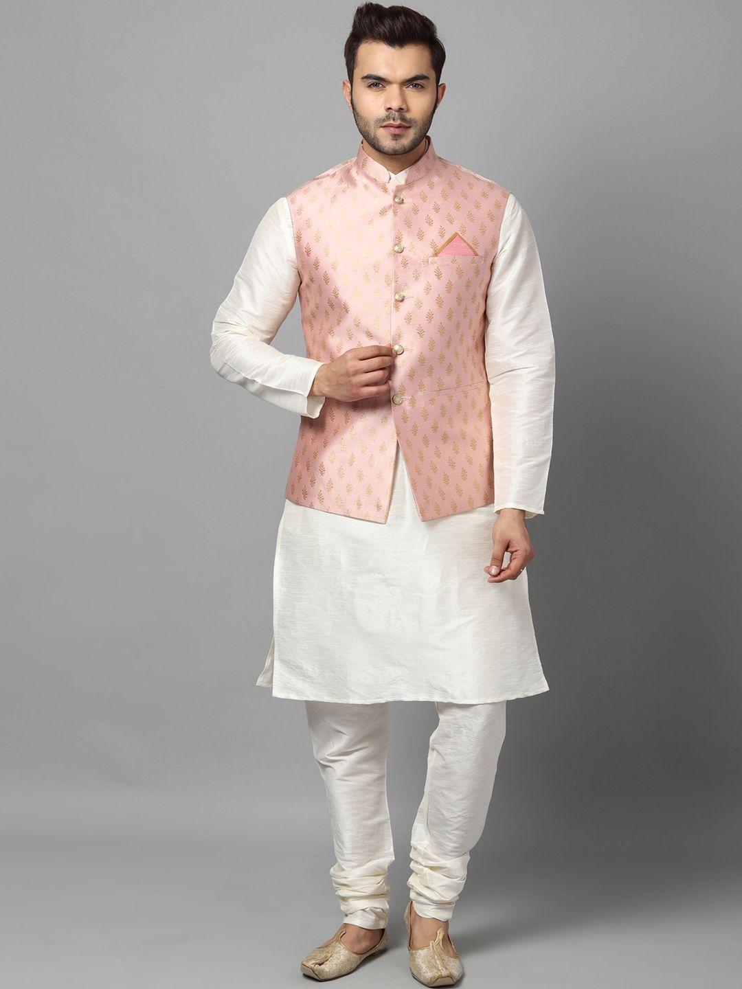 uri and mackenzie men off white dupion silk kurta with churidar & nehru jacket