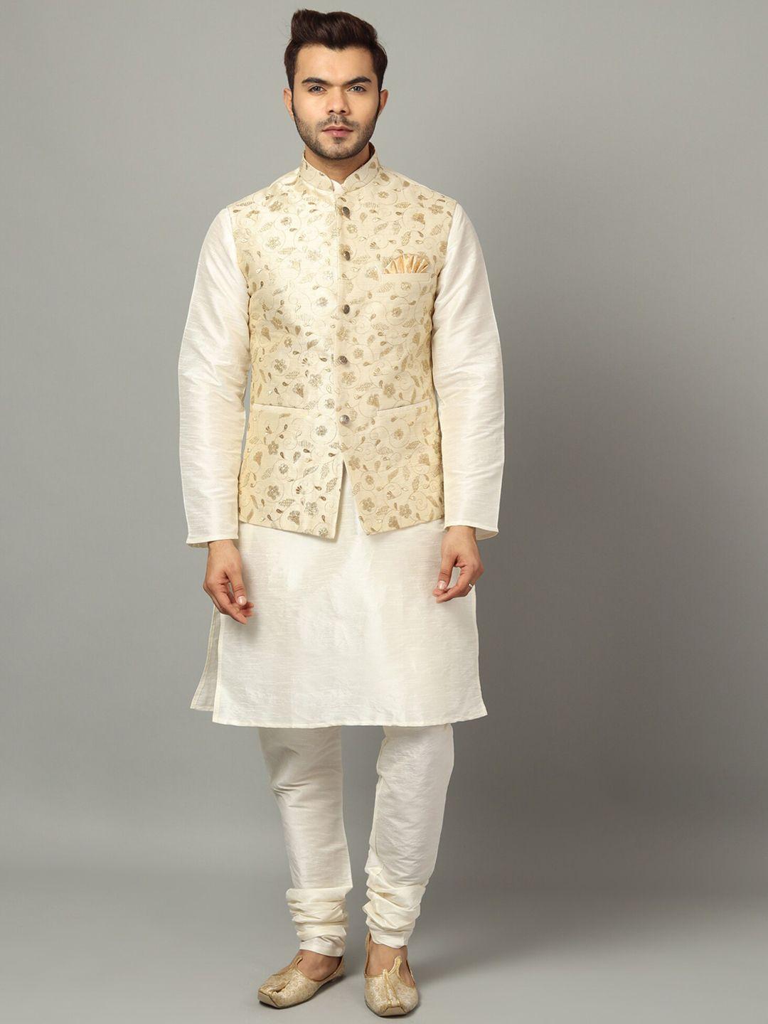 uri and mackenzie men off white floral layered dupion silk kurta with churidar