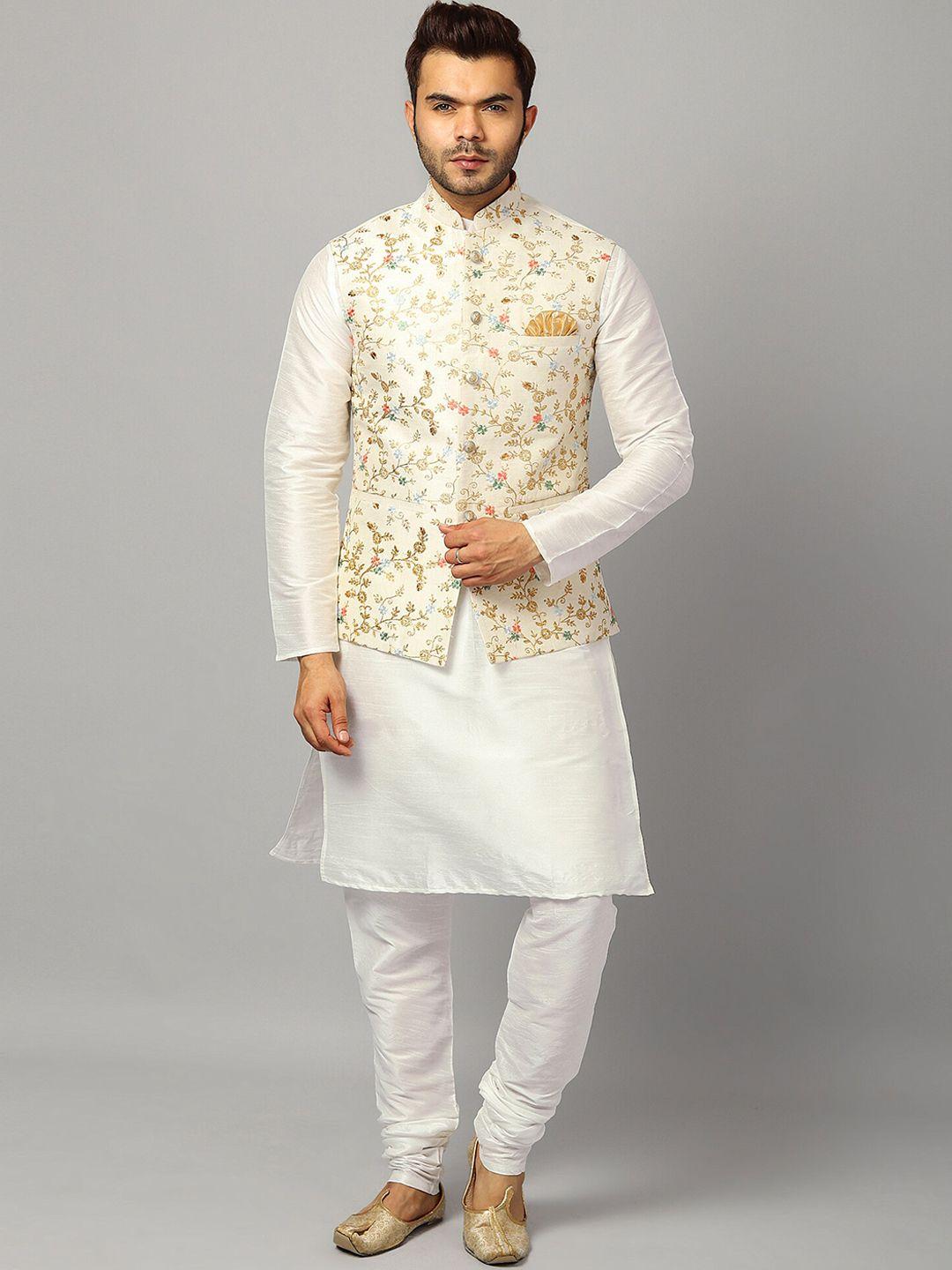 uri and mackenzie men white thread work kurta with churidar