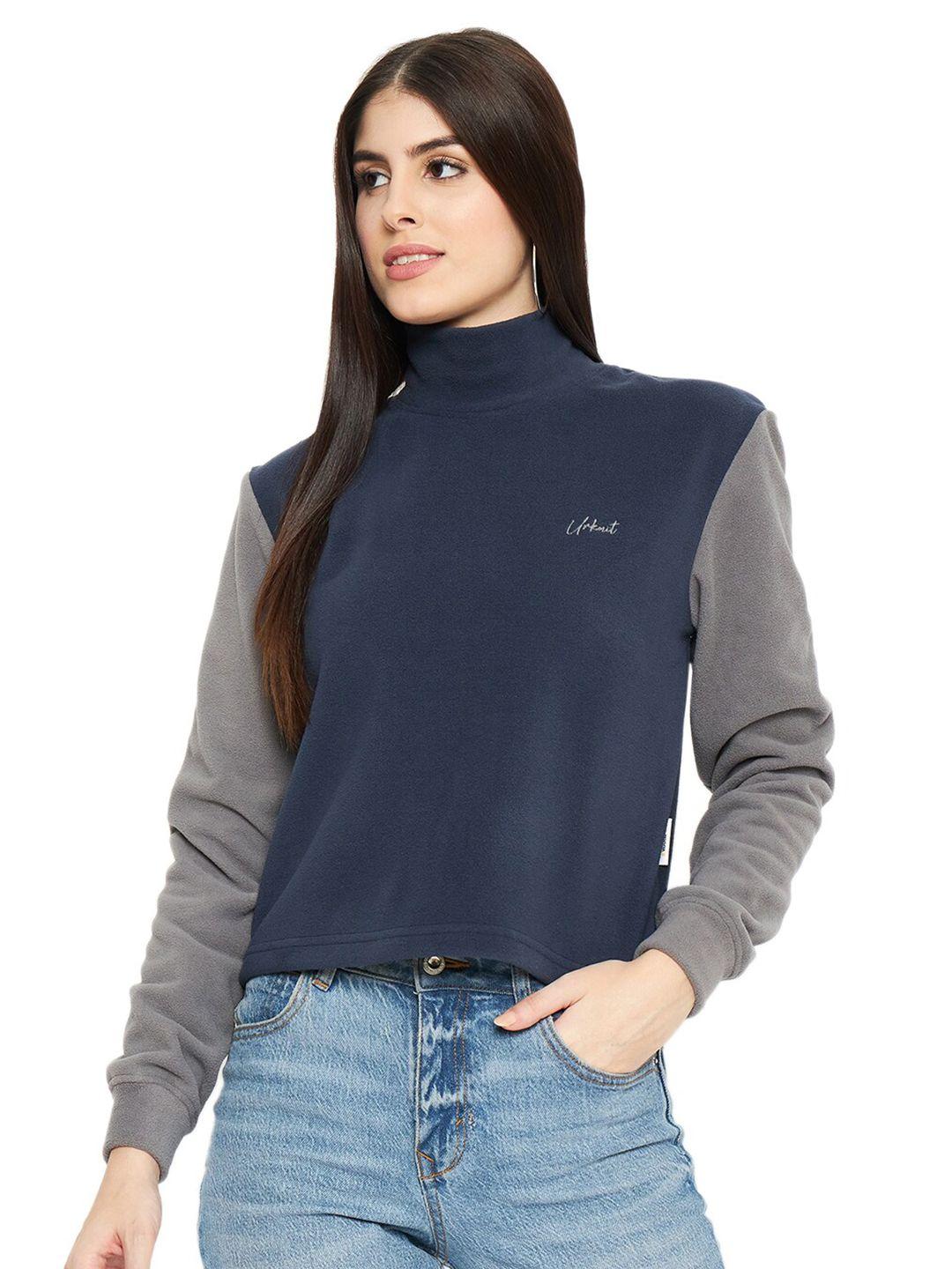 urknit women blue colourblocked sweatshirt