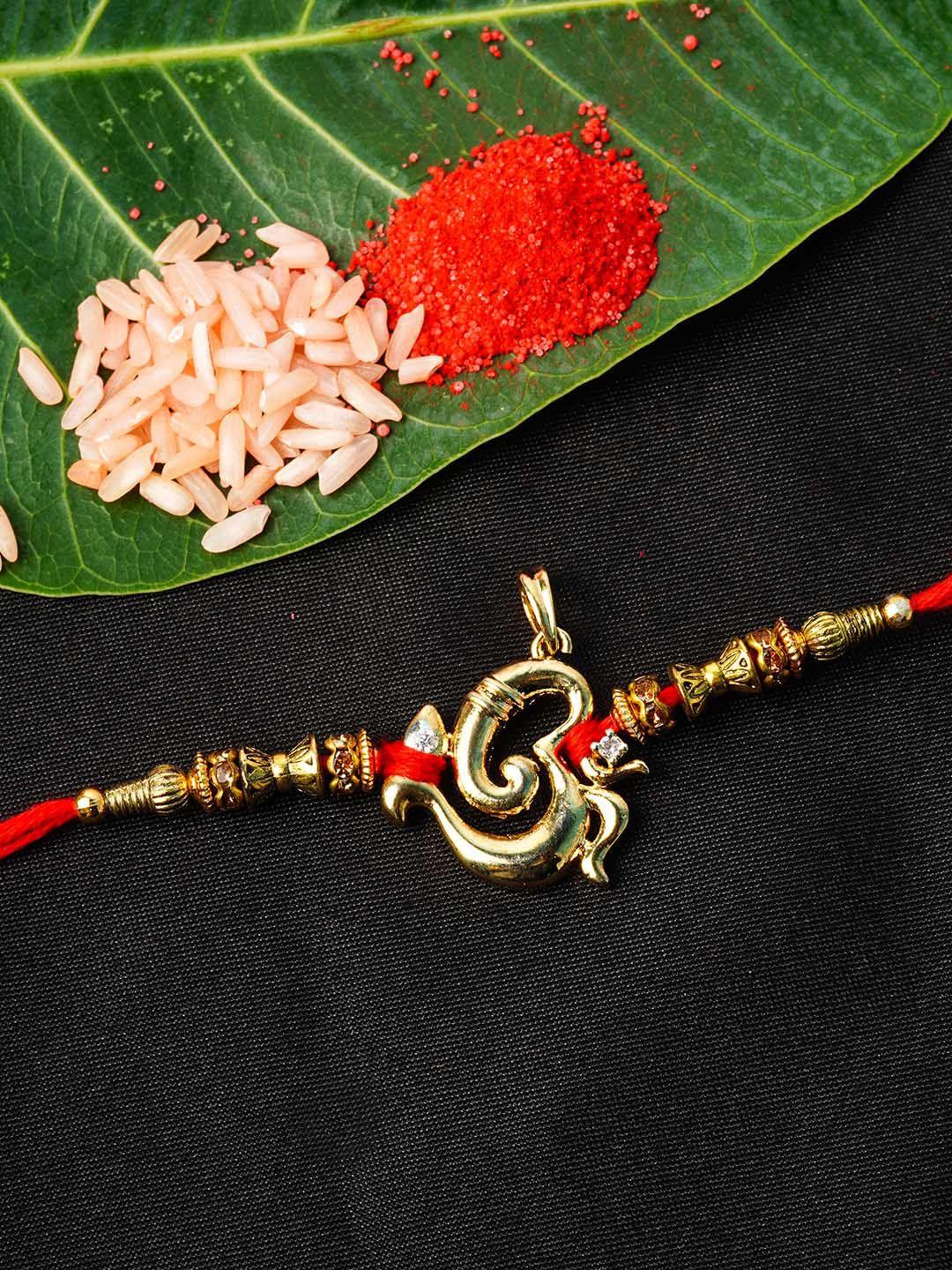 urmika adults-unisex gold-toned convertible pendant rakhi with roli chawal