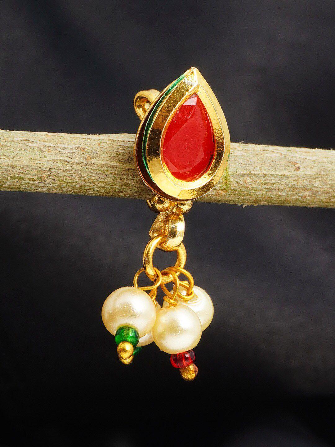 urmika gold-plated & red stone studded & beaded drop nath