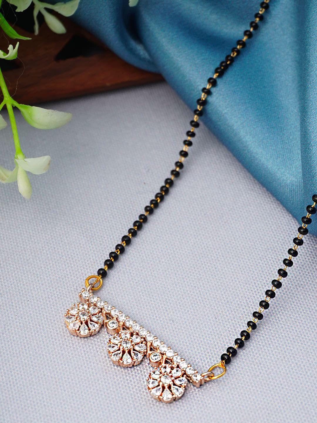 urmika rose gold-plated white & black stone-studded beaded mangalsutra