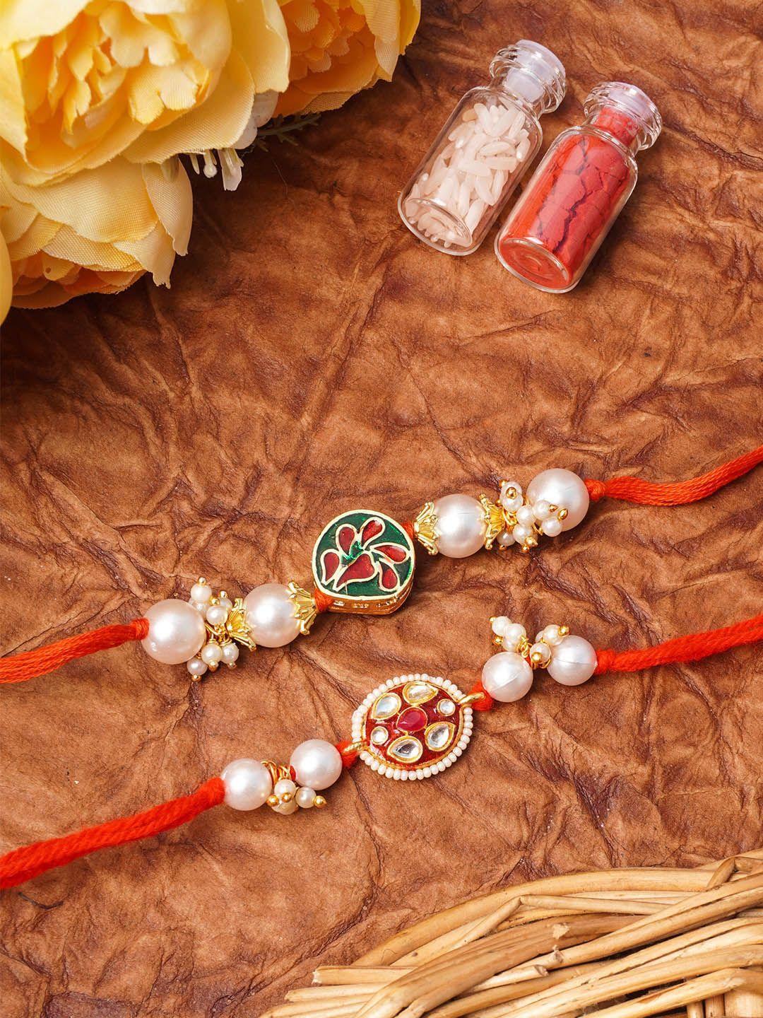 urmika set of 2 meenakari kundan rakhi with roli and chawal