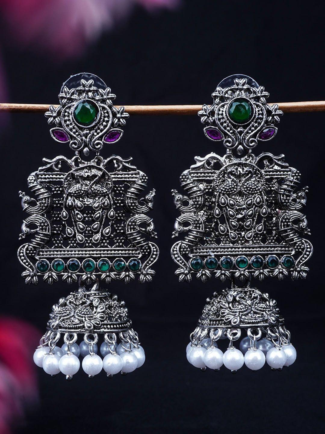 urmika silver-toned & white classic jhumkas earrings