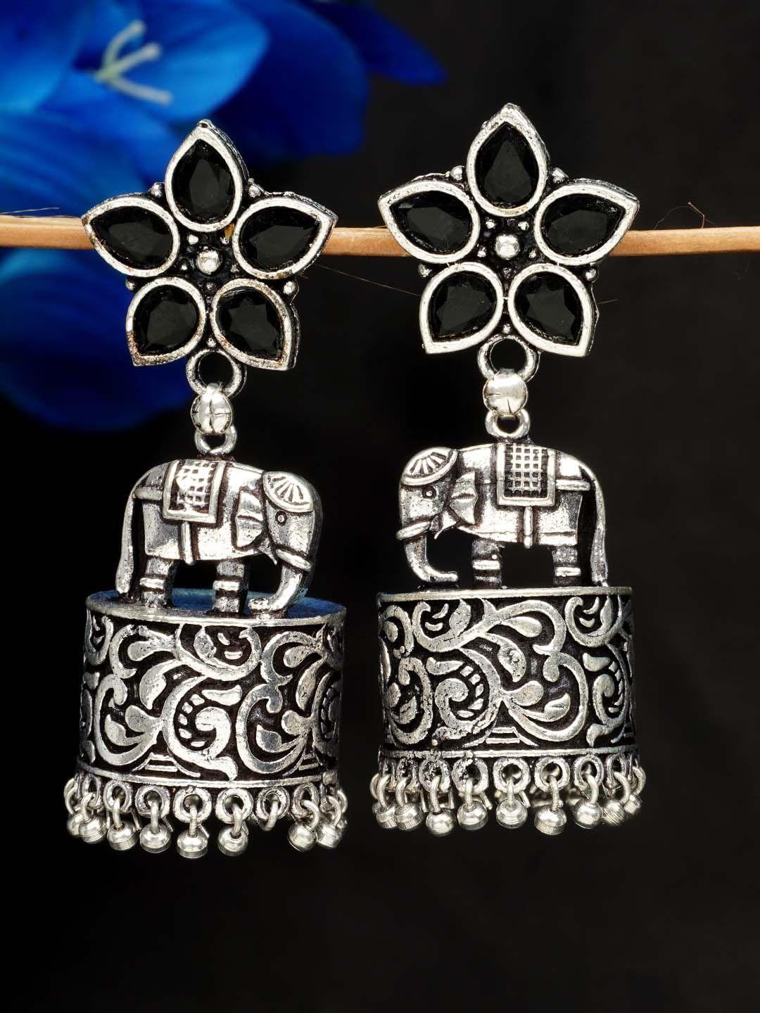 urmika silver-toned floral jhumkas earrings