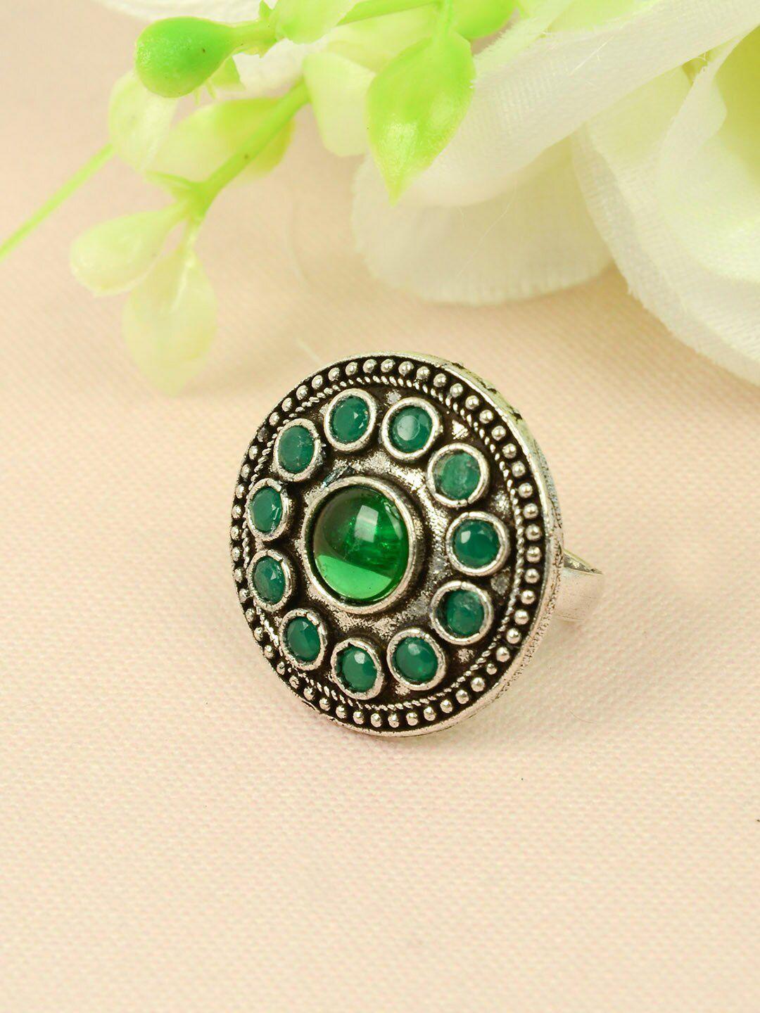 urmika women silver-toned & green crystal-studded circular oxidized finger ring