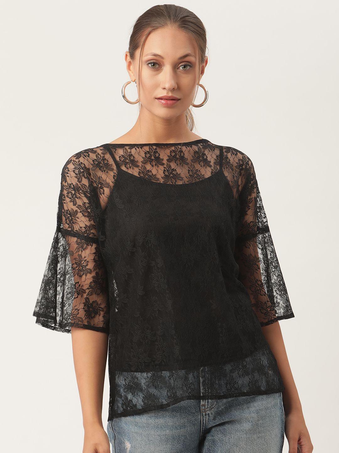 ursense black floral sheer lace blouson top