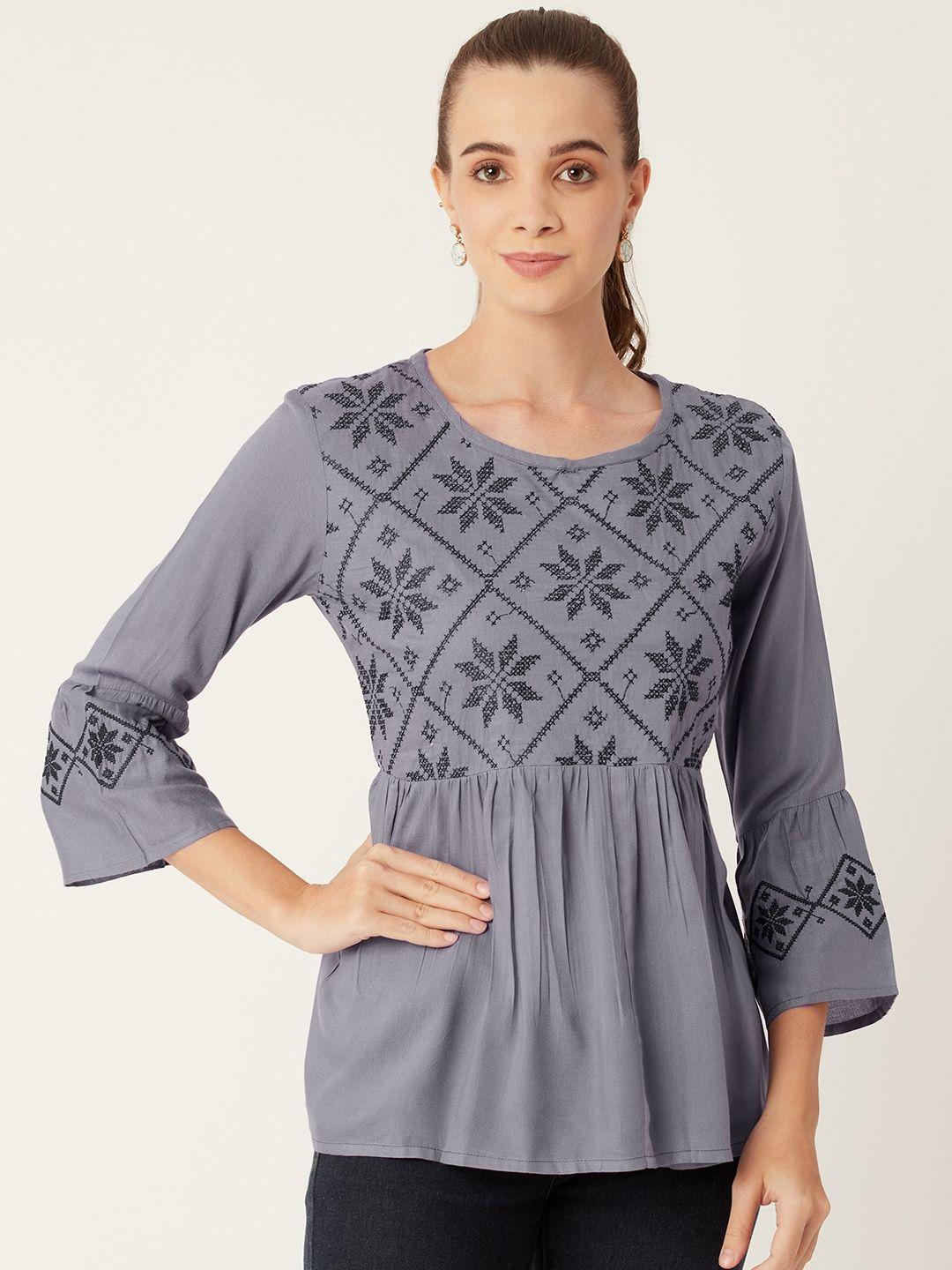 ursense grey floral embroidered bell sleeved regular top