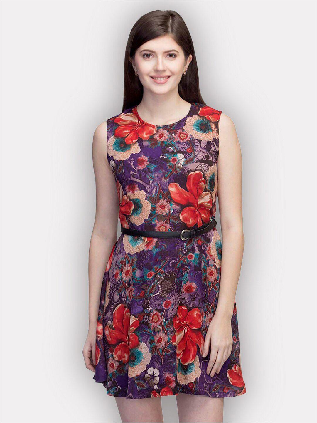 ursense purple floral print fit & flare mini dress