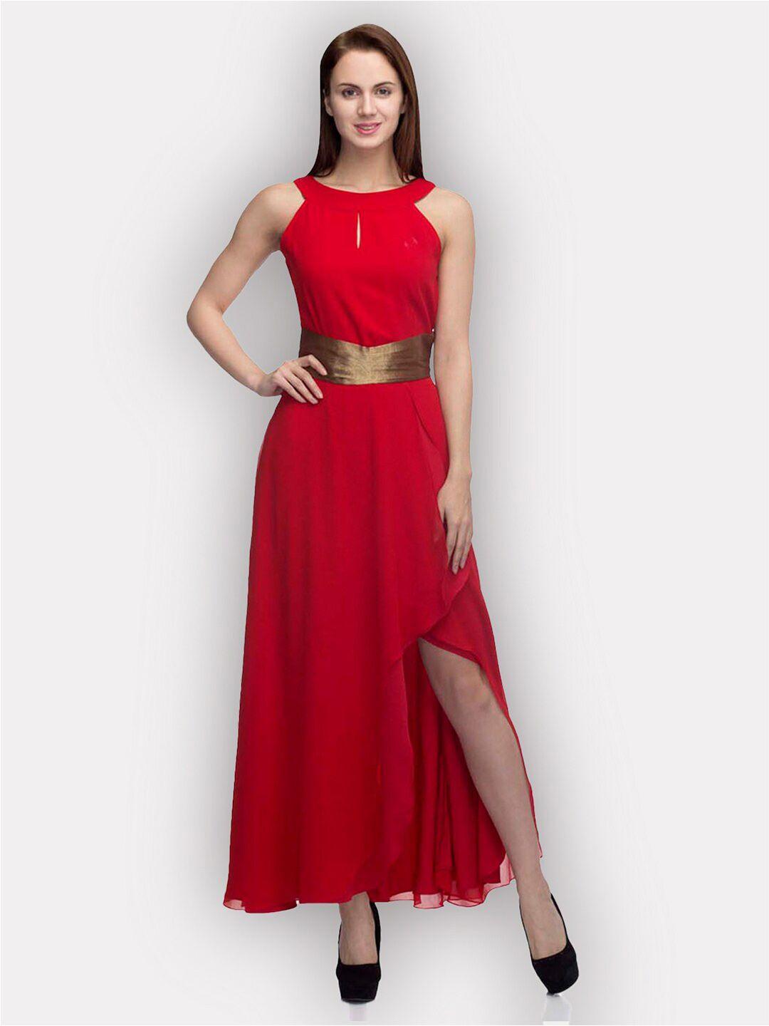 ursense red keyhole neck georgette maxi dress