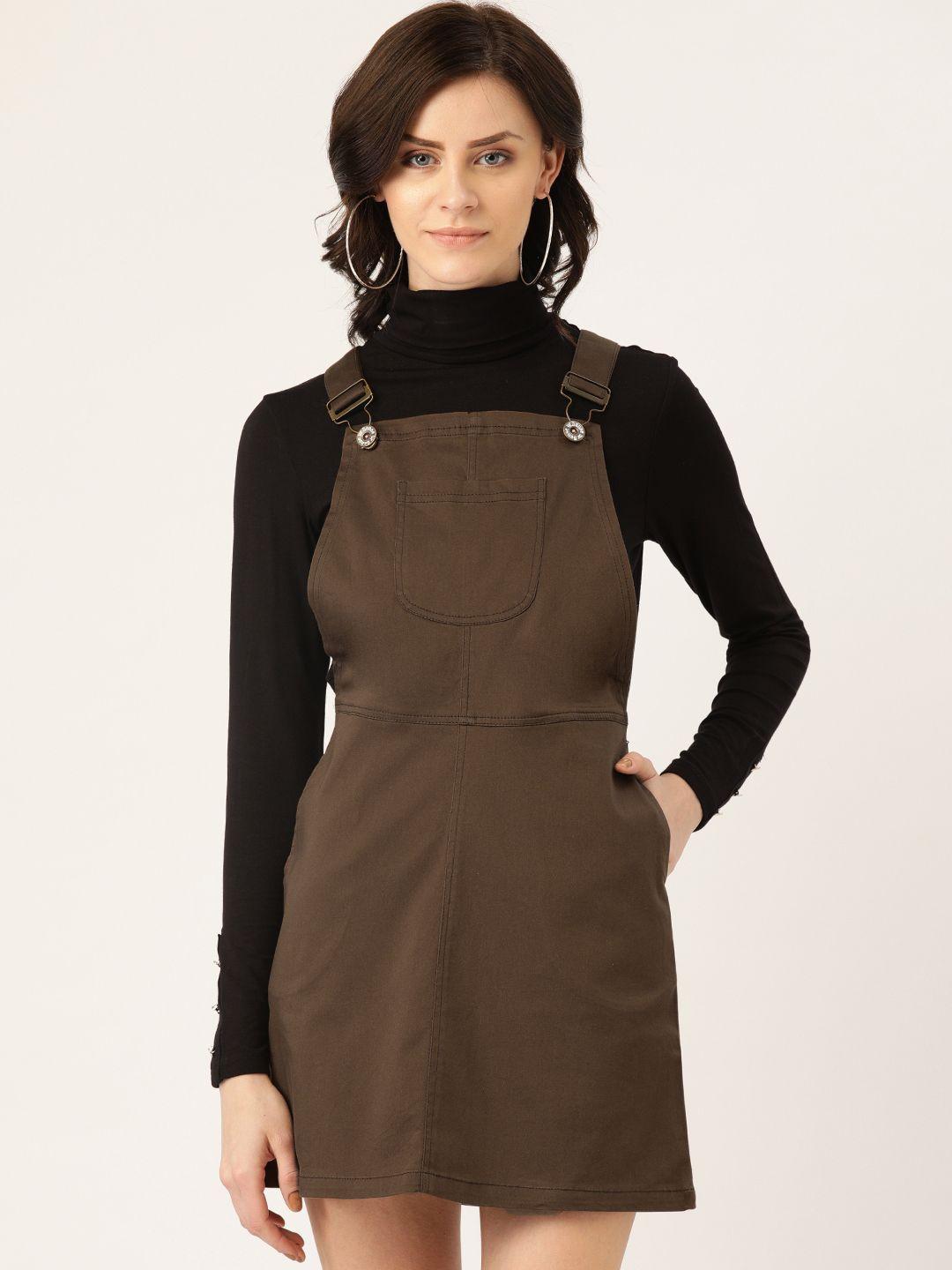 ursense women olive brown solid pinafore dress