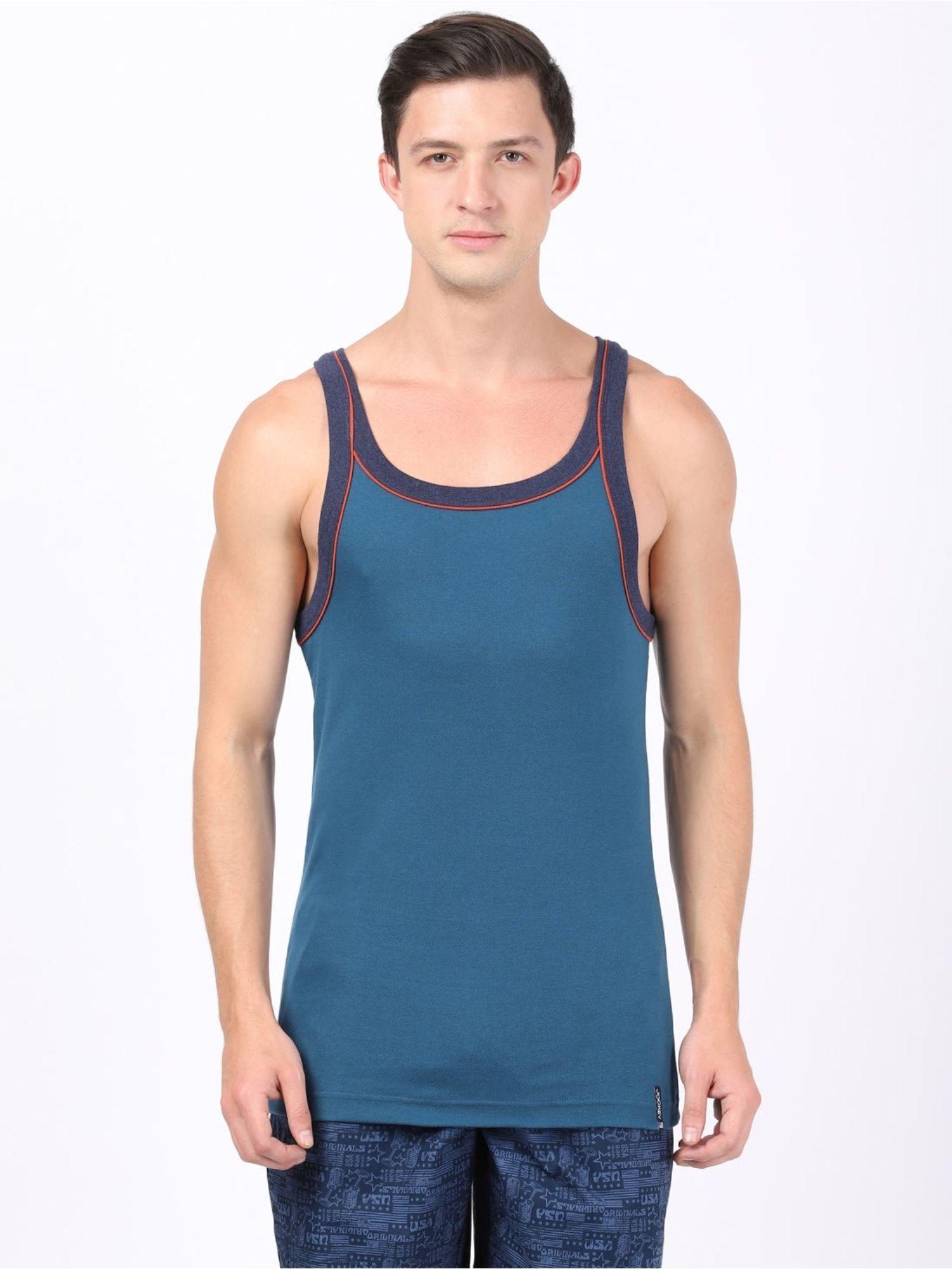 us54 mens super combed cotton scoop neck gym vest with back panel blue
