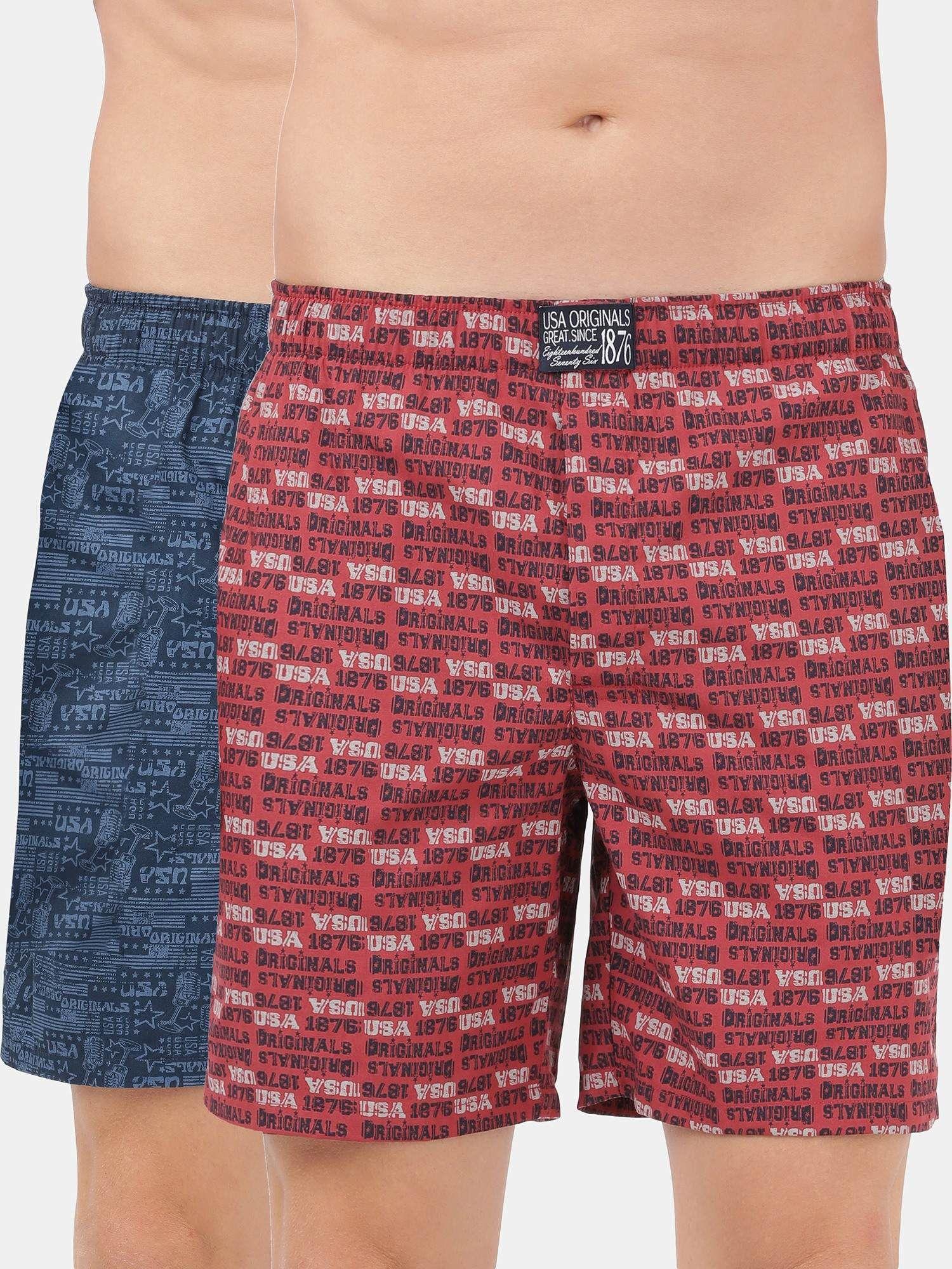 us57 mens cotton woven boxer shorts with side pocket - navy red (pack of 2)