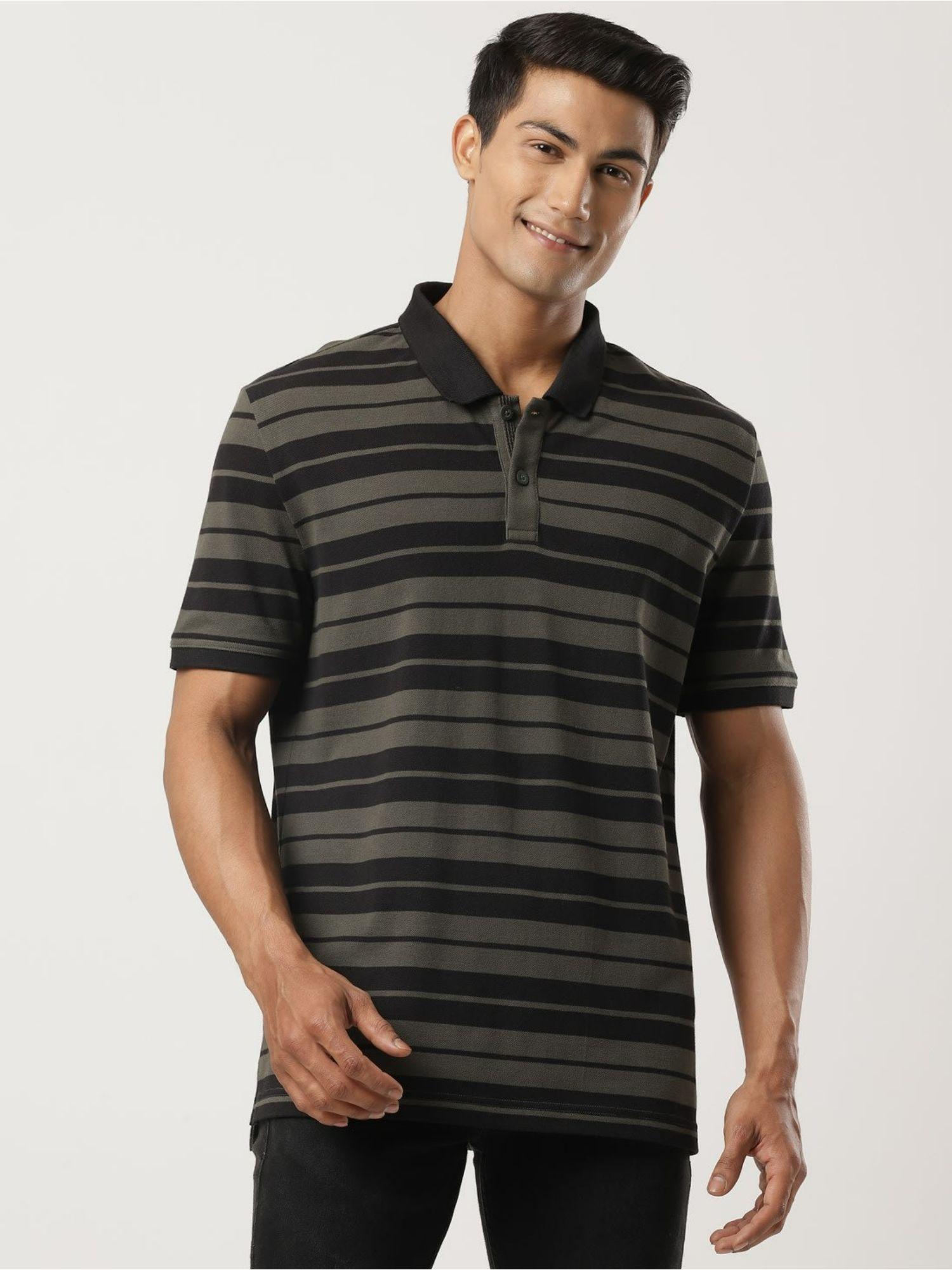 us93 mens super combed cotton rich striped half sleeve polo t-shirt black & deep olive
