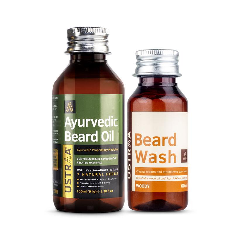 ustraa ayurvedic beard growth oil & beard wash woody