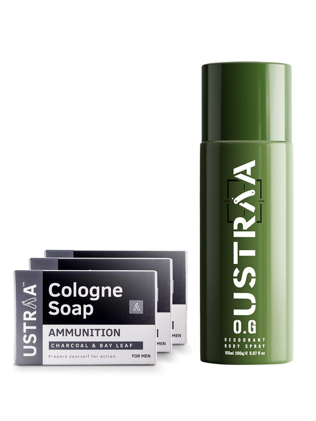 ustraa men set of o.g. deodorant body spray 150 ml + 3 ammunition cologne soaps 125 g each
