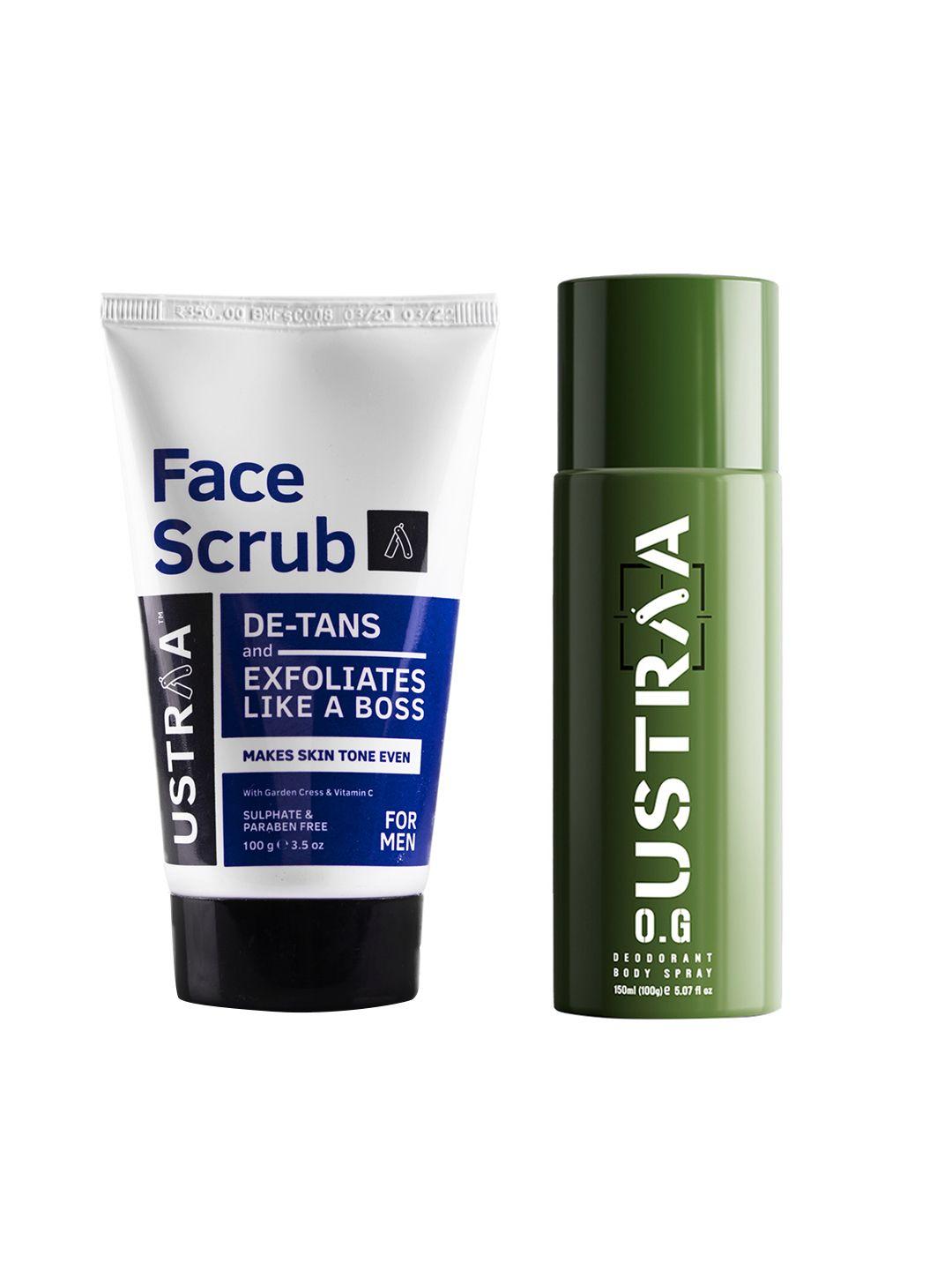 ustraa men set of o.g. deodorant body spray 150 ml + de-tan face scrub 100 g
