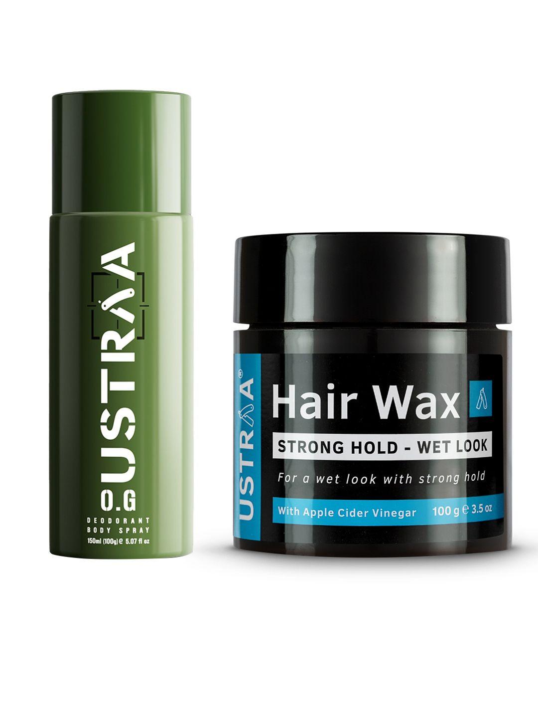 ustraa men set of o.g. deodorant body spray 150 ml + strong hold wet look hair wax 100 g