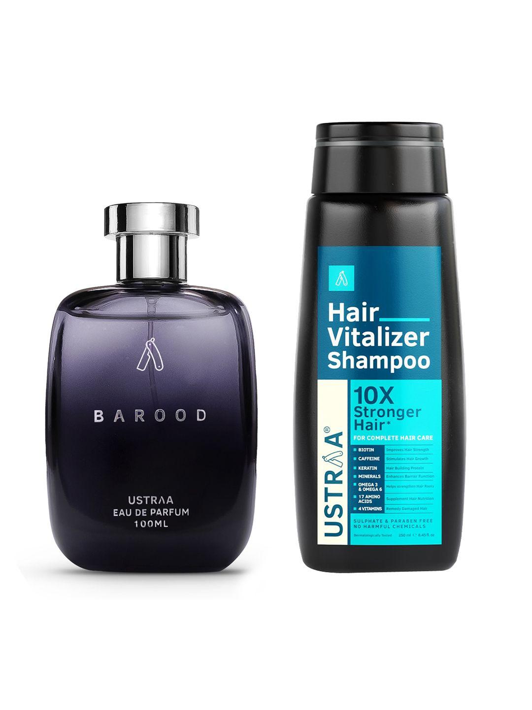 ustraa men set of barood eau de parfum 100 ml + 10x stronger hair vitalizer shampoo 250 ml